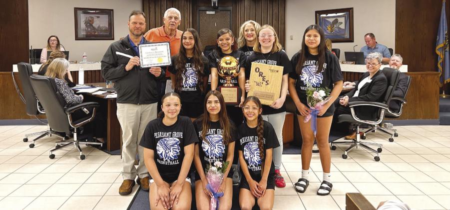 Members of the Pleasant Grove Lady Warriors were recognized at the Shawnee City Commission meeting for their 2024 ORES Division III Championship Win. Countywide &amp; Sun/Suzie Campbell