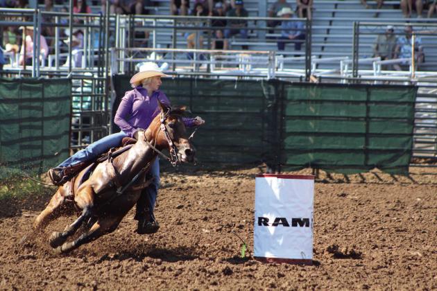 Matraya Haynes of Maud rounds the second barrel in the Barrel Racing event of the International Finals Youth Rodeo on the morning of July 10, 2023. File Photo