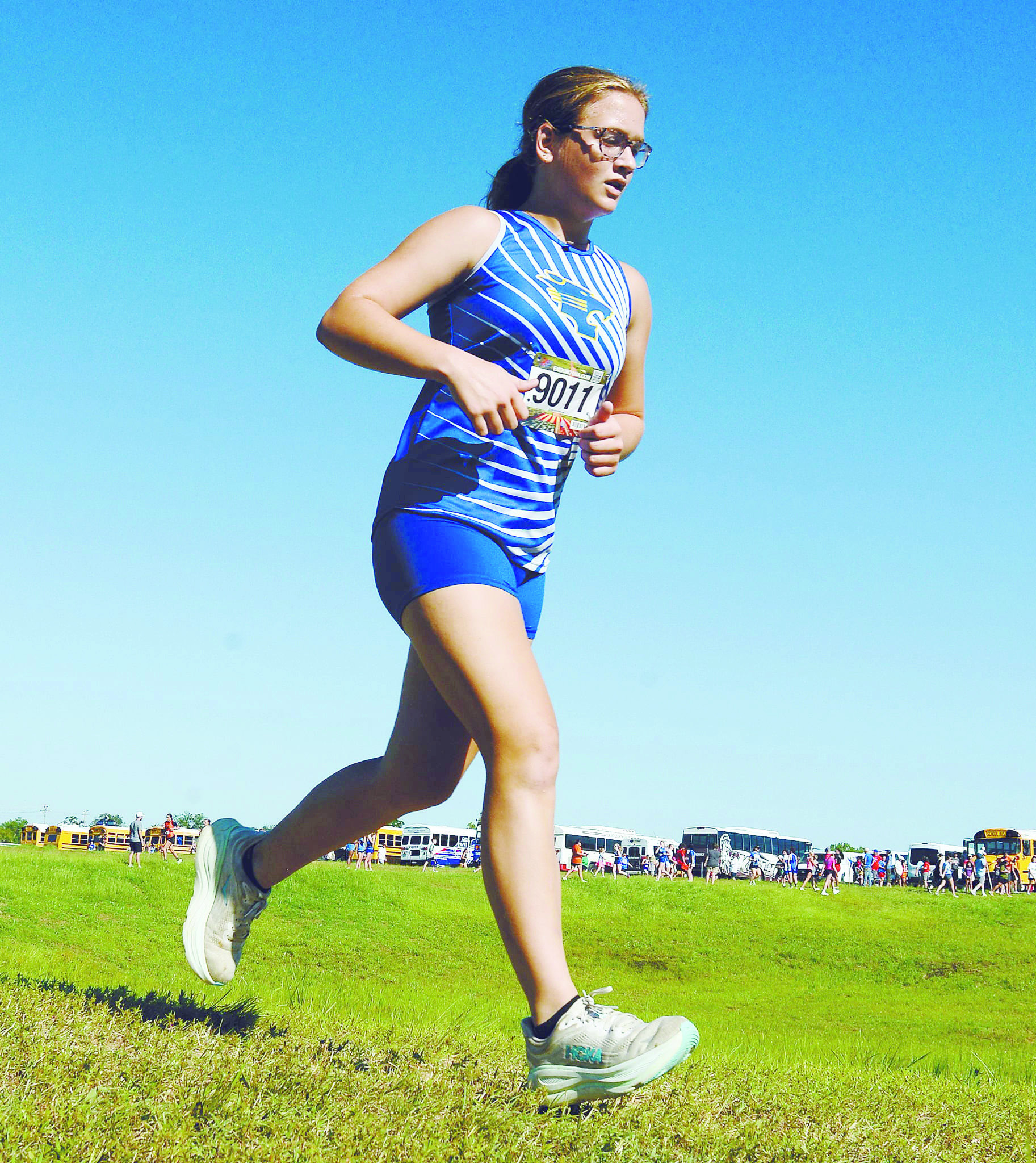 Bethel freshman Emma Cox runs in the Stroud Cross Country Meet on Aug. 16. She got a time of 7:52.9. Photo courtesy of Brian Blansett