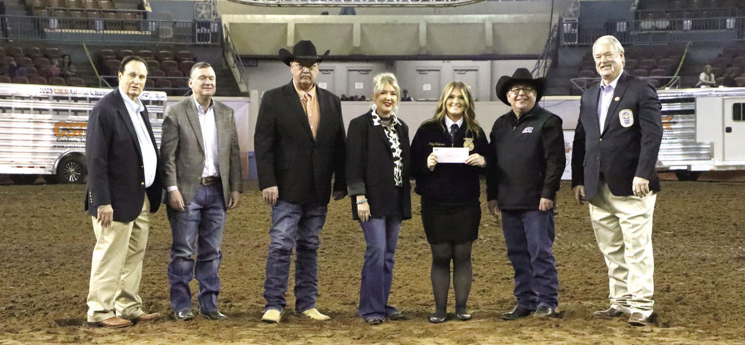 Pictured from left: OYE Vice Chairman Jimmy Harrel, AFR Board Member Ron Ramming, AFR Cooperative Vice President Toby Wallace, Executive Operation Coordinator Ashley White, Poppy Robinson, AFR Cooperative President Scott Blubaugh, and AFR Agent Randy Gilbert. Photo provided by AFR