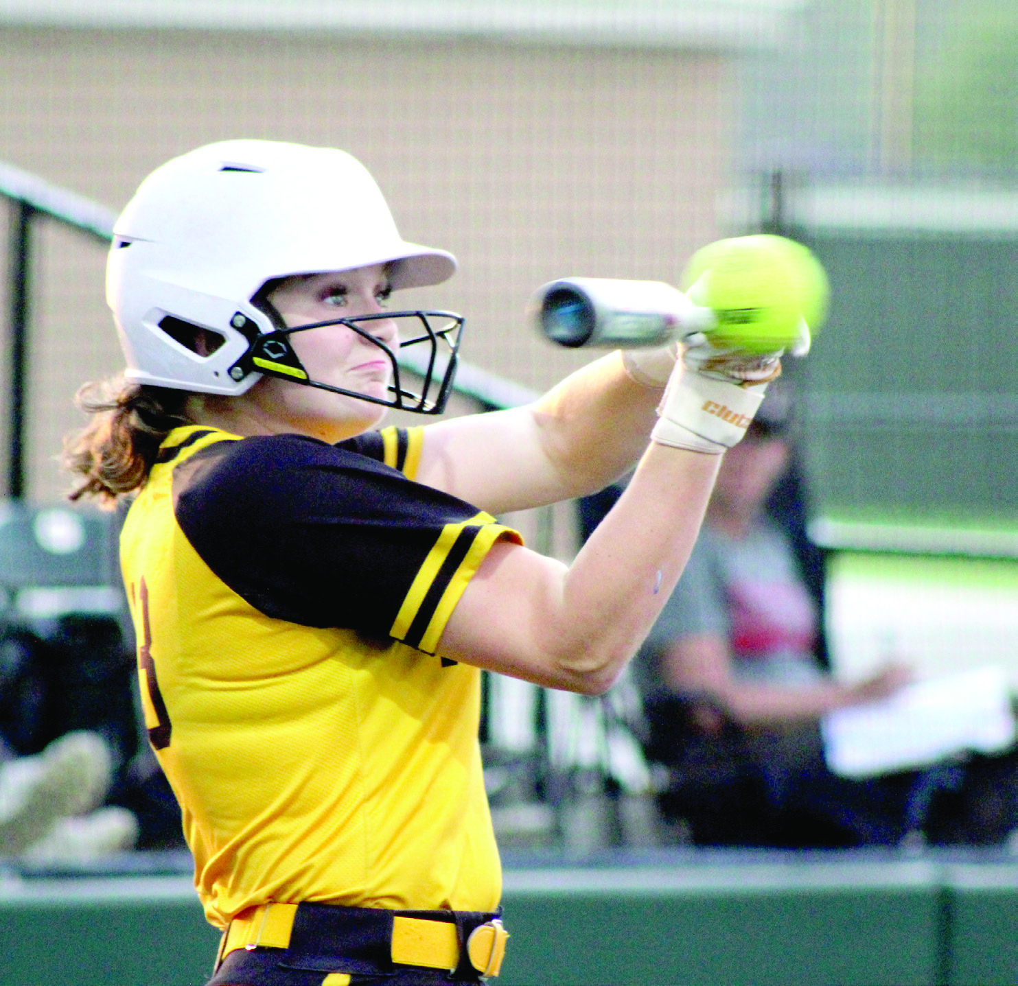 Tecumseh sophomore Josie Walker sees eye to eye with the ball before sending it flying during the game against Shattuck in the Dale Slow Pitch Festival at FireLake Ball Fields on April 17. Over the two-day tournament, the Lady Savages sank Shattuck, 20-9; pushed past Pryor, 6-4; canceled Cache, 8-3; and fell to Silo, 8-13. Natasha Dunagan, Countywide & Sun