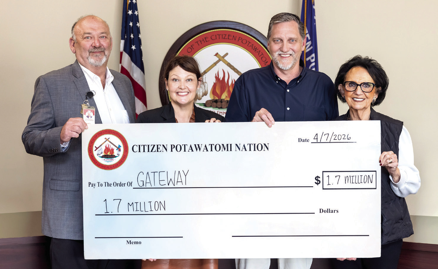 Pictured from left, CPN Health Services Director Chris Skillings, Gateway Board of Directors President Kara Robinson, Gateway CEO Jon Greenwood, and CPN Vice-Chairman Linda Capps hold a donation from CPN to Gateway to Prevention and Recovery. Phoro provided by CPN