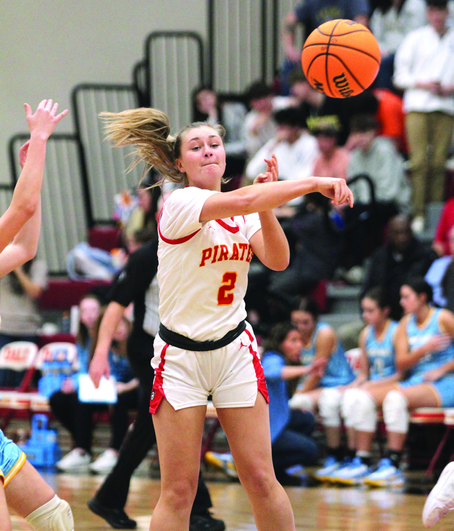 Dale senior Heartly Snyder passes during the Class 2A Regional home game with Oktaha on Feb. 24. The Lady Pirates won, 77-50, and they will advance to area in McAlester on Feb. 28 at 6 pm. Countywide & Sun/Natasha Dunagan