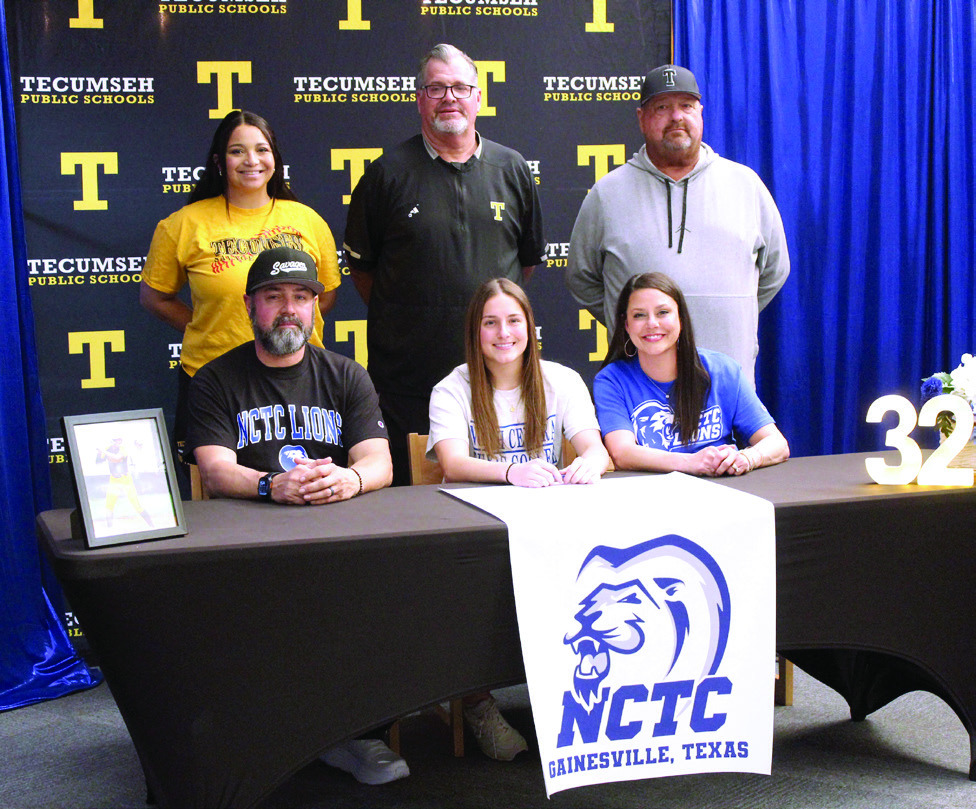 On Feb. 25, Tecumseh senior Cadence Leba announced her intention to continue her softball career with North Central Texas College in Gainesville, TX. Shown, seated are her father Jacob Leba, Leba, her mother Natalie Leba, standing, Assistant Coach Aspen Grimes, Coach Chad Trahan and Coach Perry Wilson. Natasha Dunagan, Countywide &amp; Sun