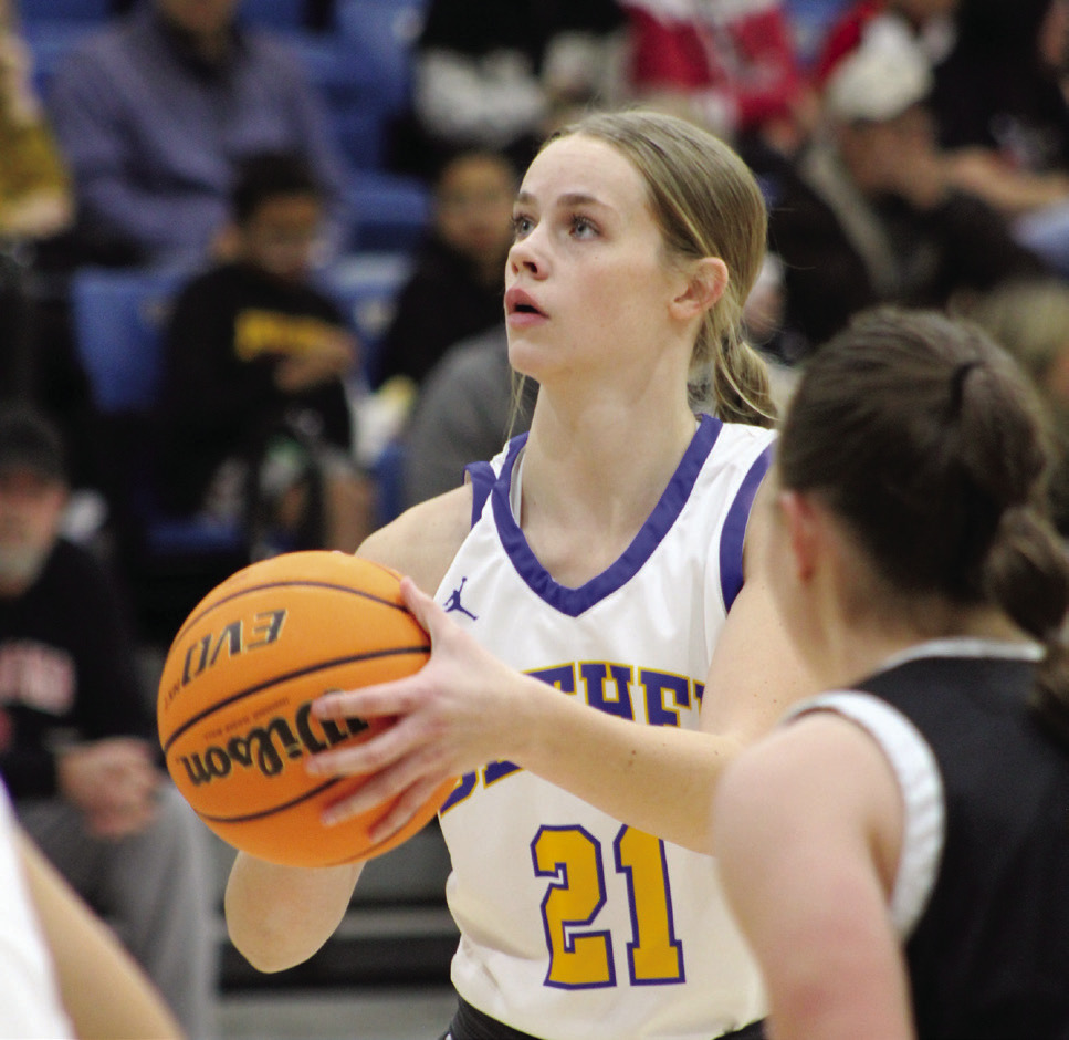 Bethel junior Josie Megehee shoots from the free throw line during the Dec. 9, 2023 First United Basketball Classic. Megehee reached 1,500 career points recently. File photo.
