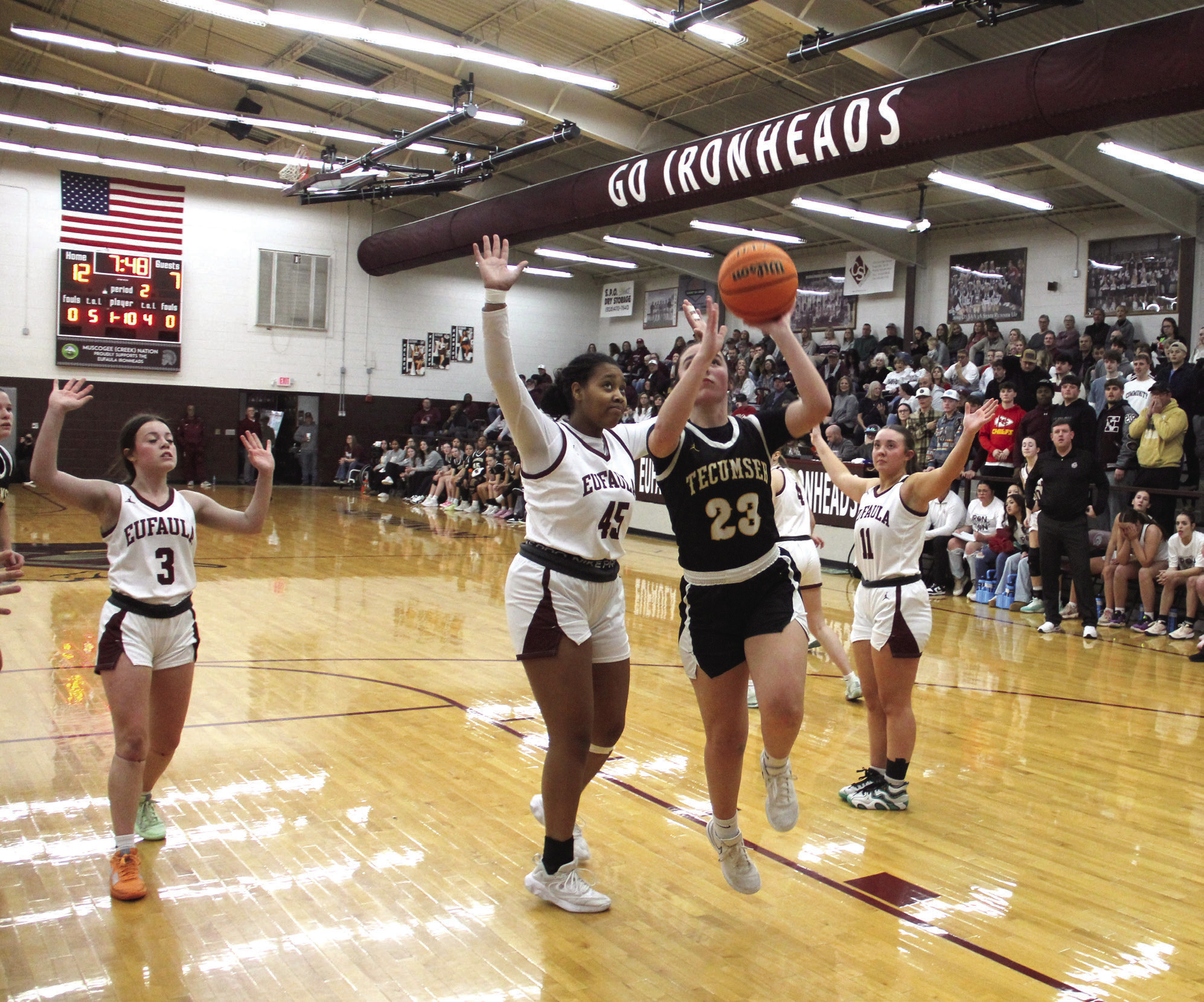 Tecumseh's Peyton Bays aims for the hoop during the Class 4A Districts at Eufaula on Feb. 21. The Lady Savages lost, 29-43, but will advance to the consolation bracket in Regionals today (Feb. 27), beginning at 1 pm at Bethany. Photo courtesy of Rodney Haltom/Eufaula Indian Journal