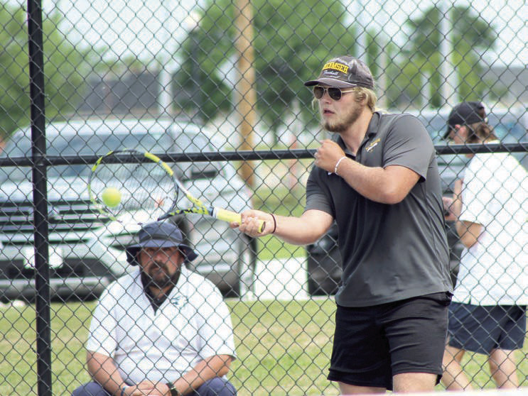 Tecumseh senior Ted Belshe meets the ball with a forehand stroke during the Shawnee NGB Tournament, held at SHS and OBU on May 2. Belshe placed sixth in #1 Singles. There were 16 teams in the tournament. Natasha Dunagan, Countywide &amp; Sun