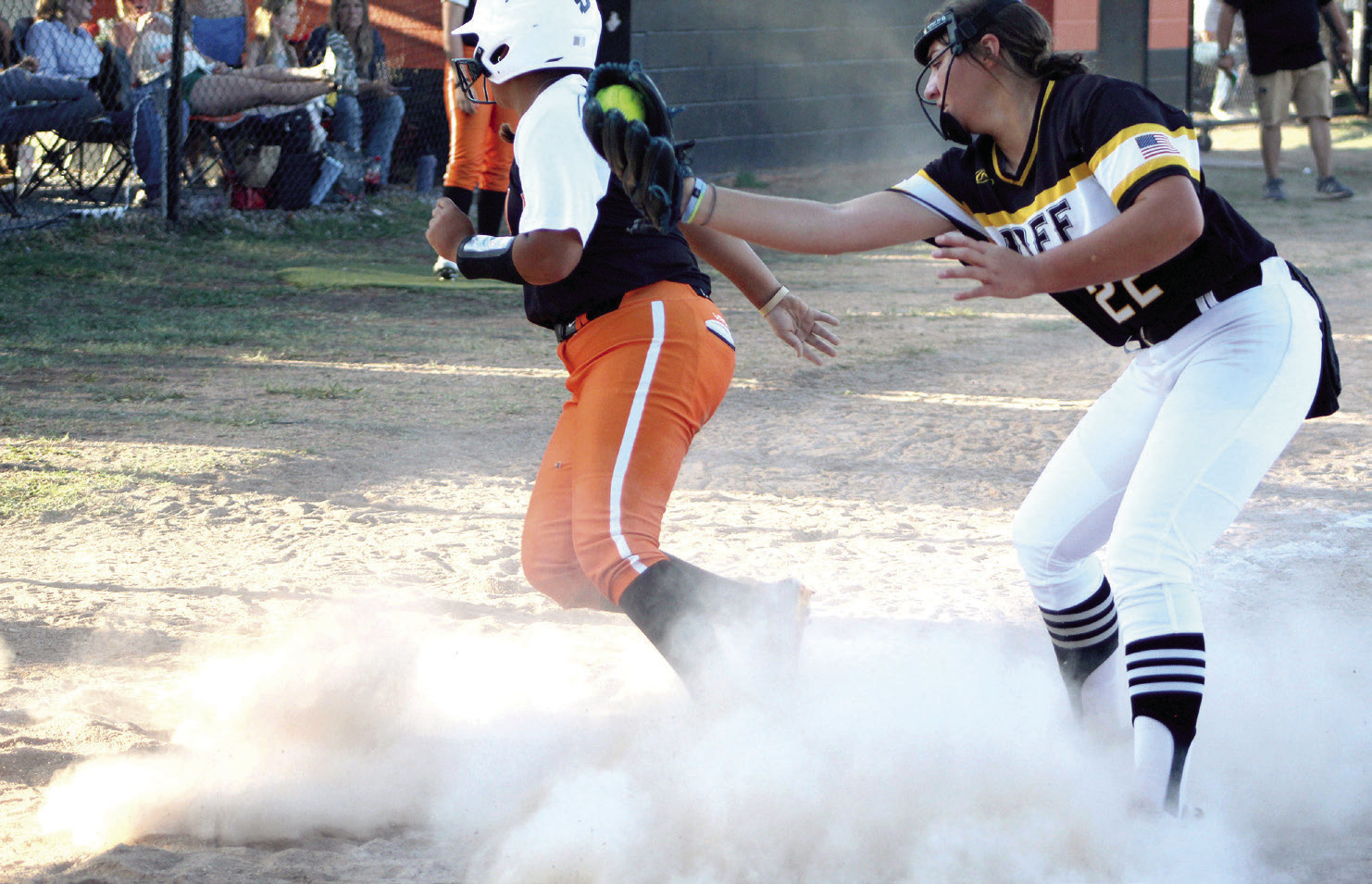 After sliding across home, the Roff pitcher still tries to tag Maud’s Amerikus Street during the home game on Sept. 15. Maud lost that game, which went into extended innings, 4-5, but they won an earlier game that day with Paden, 14-0. Countywide &amp; Sun/Natasha Dunagan