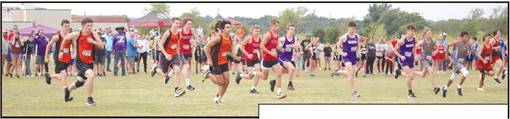 Earlsboro athletes Spencer Kersey, Chance Winsett and Brayden Rawls take off from the starting line with six other schools’ runners in the Small School Boys 5K Run of the North Rock Creek Cross Country Meet on Sept. 16. A sophomore, Rawls took third out of 29 boys, with a time of 20:07.84.