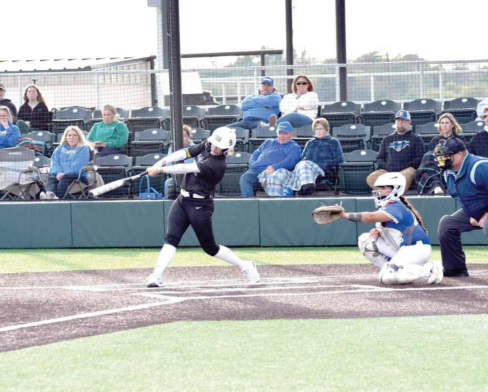 During the fall scrimmage against Eastern Oklahoma State, North Rock Creek Alumna Haley Hacker now playing for OBU, sends a hit to left field. Julie Talton, Countywide &amp; Sun