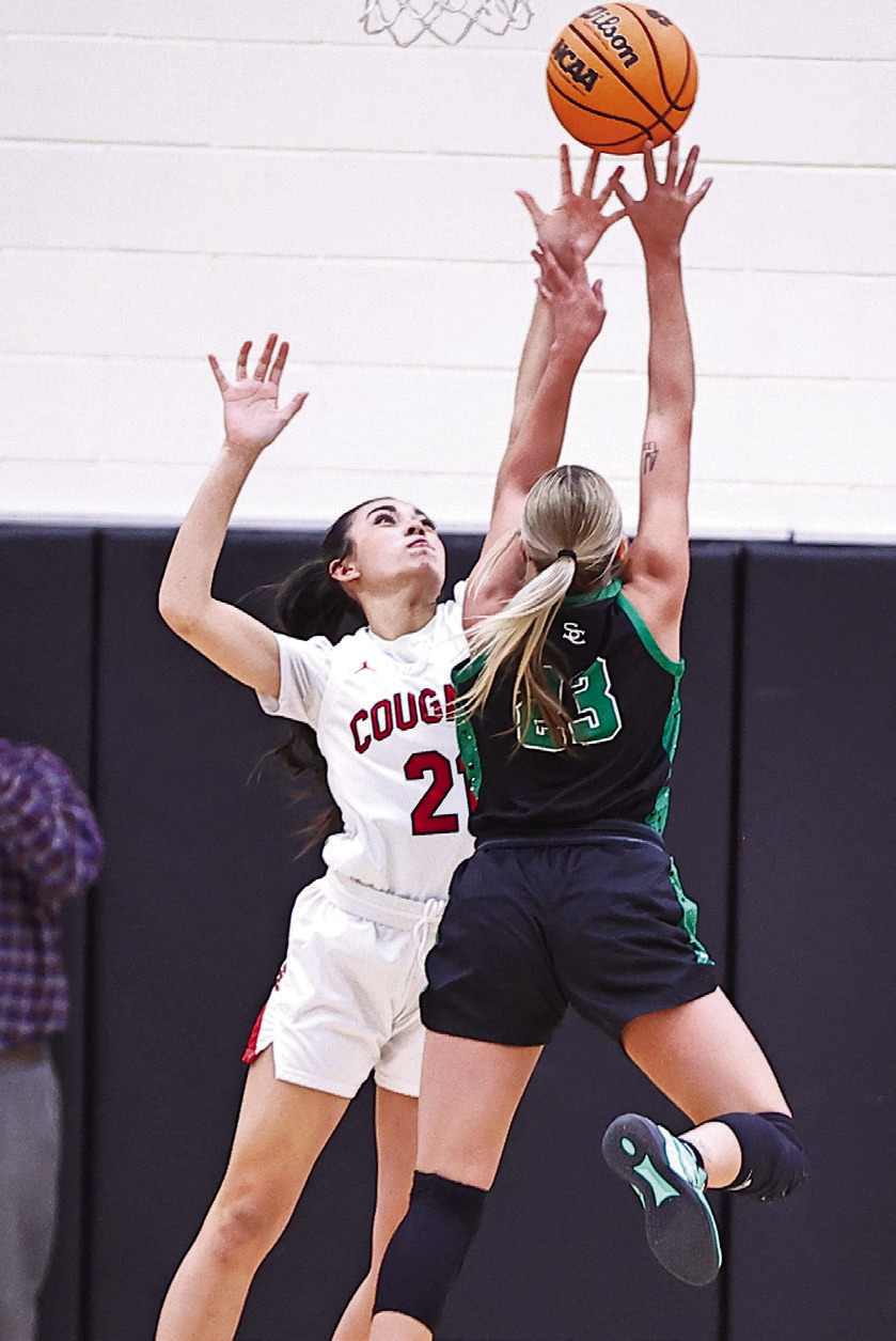 Hailey Anglin goes up to block the Seminole shooter in the District Championship game on Feb. 21.