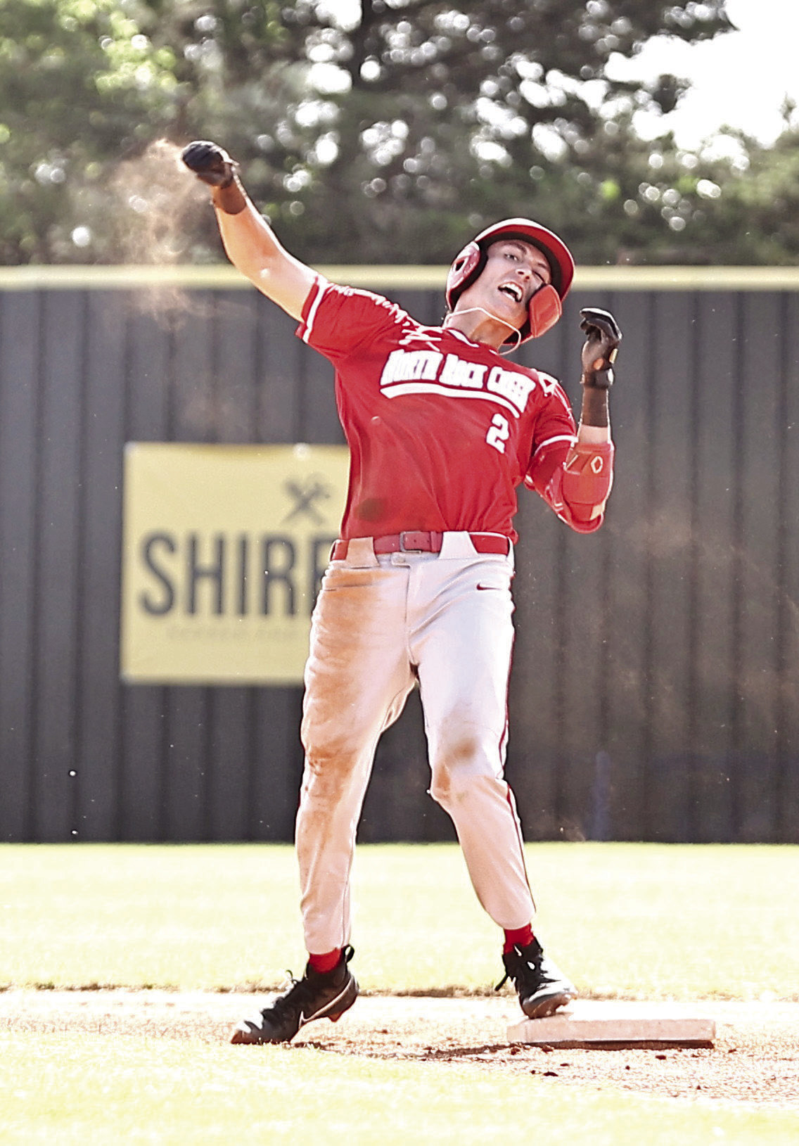 North Rock Creek’s Owen Payne celebrates his double. NRC baseball team took on the Tecumseh Savages Tuesday, June 18, in the summer league. NRC won both games, varsity 14-2 and JV 14-9.