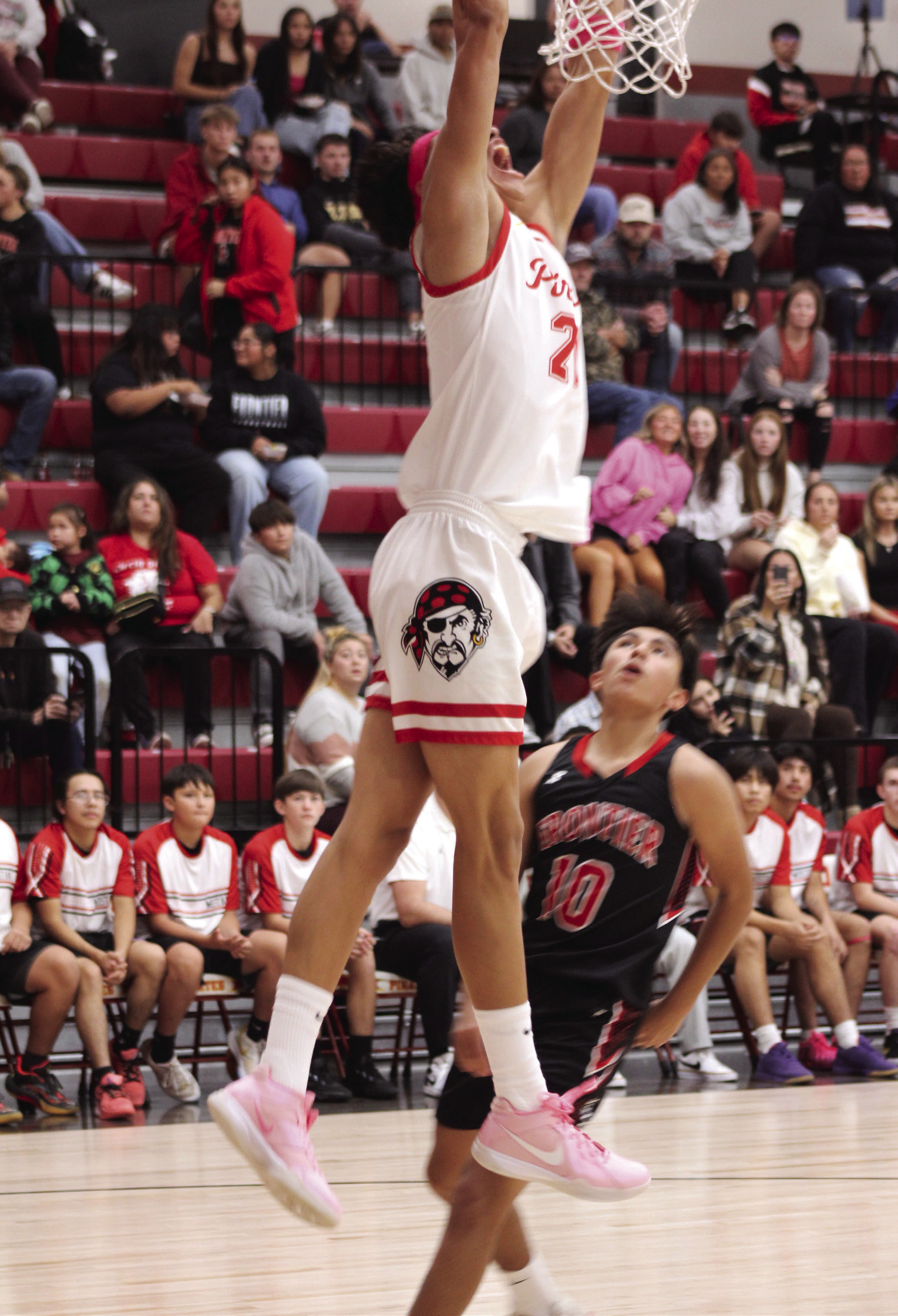 Dale's Jerimiah Skaggs sinks a slam dunk during the Nov. 21 Pink Out home game against Frontier. The Pirates won 88-47. Natasha Dunagan, Countywide &amp; Sun