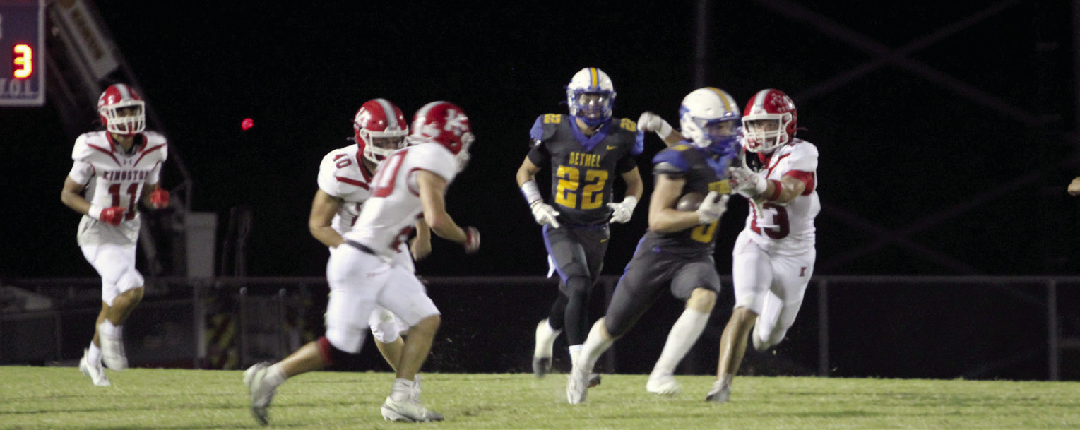 Bethel senior Gavin Lynch catches the punt and takes off during the Military Night home game against Kingston on Oct. 10. The Wildcats lost, 44-73, giving them a record of 5-1. Natasha Dunagan, Countywide &amp; Sun