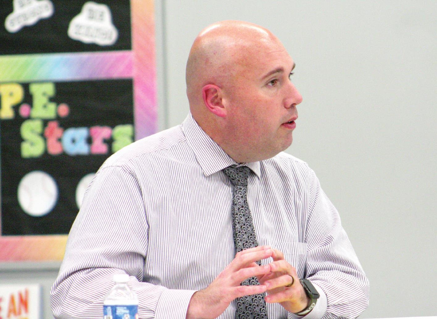Tecumseh School Superintendent Robert Kinsey presents information to the Tecumseh Board of Education during Monday night’s meeting. Countywide &amp; Sun/Kendra Johnson