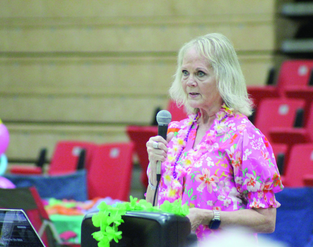 Relay for Life Guest Speaker Cindy Hale talks about skin cancer during the “Re-Lei for a Cure” event on April 26. Hale said her skin cancer started with a spot on her nose.