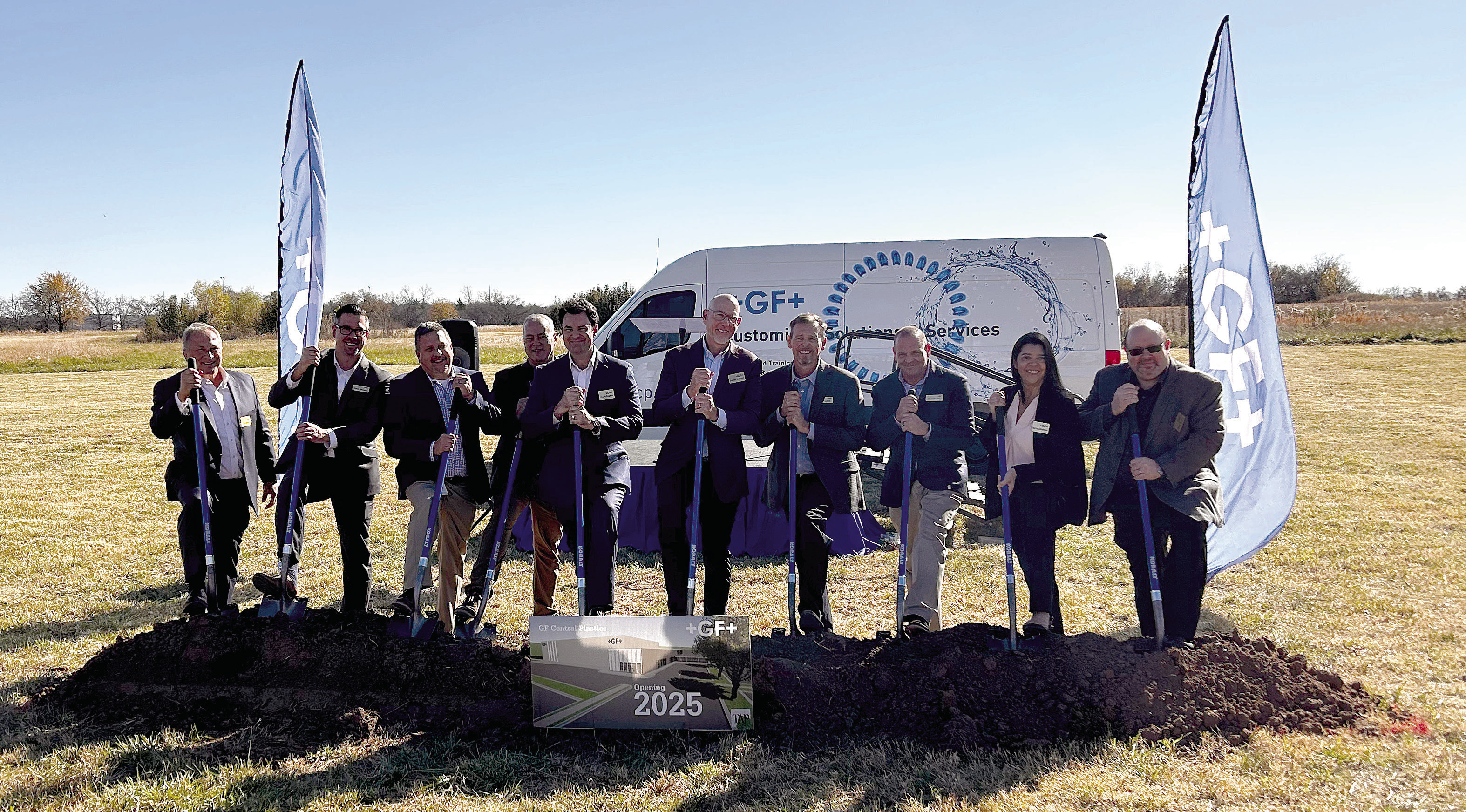 Members of the Georg Fischer company, both local and nationally, gathered in Shawnee Tuesday morning to break ground at the new facility site. It is estimated to be complete near the end of 2025. Tom Bailey, Casey Swanson, Roger Rutherford, Jeff Wright, Grant Rogers, James Jackson, Bryan Lucas, Tom Veeley, Marina Valentine, and Mark Gruber. Countywide &amp; Sun/Suzie Campbell