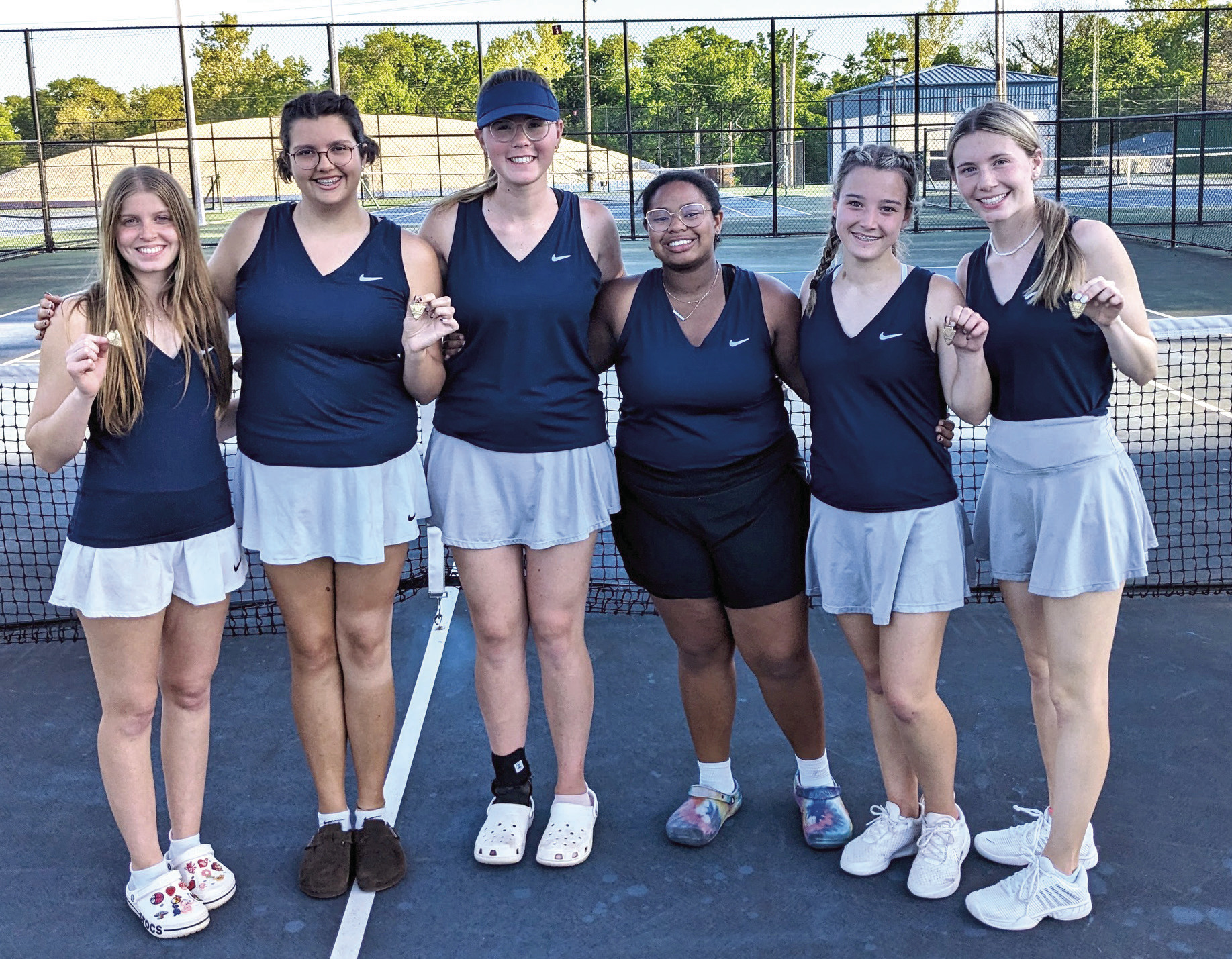 Shawnee High School Girls Tennis Team members pictured from left: Junior 2 doubles Bella Koepke 4th place; Junior 2 doubles Lexy Canaday 4th place; Senior 2 singles Allison Holter 6th place; Senior 1 singles Olivia Stevenson 6th place; Senior 1 Doubles Mia Jennings 4th place; and Senior 1 doubles Anna Jordan 4th place. Photo provided