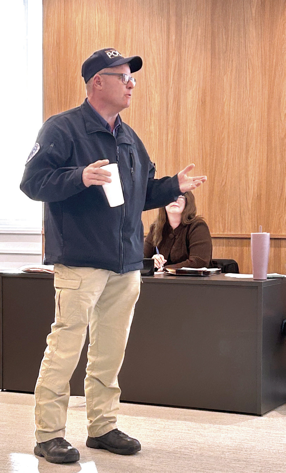 Tecumseh Police Chief J.R. Kidney addresses attendees of the Jan. 7 County Commissioners meeting about security measures for the IFYR. Countywide &amp; Sun/Suzie Campbell