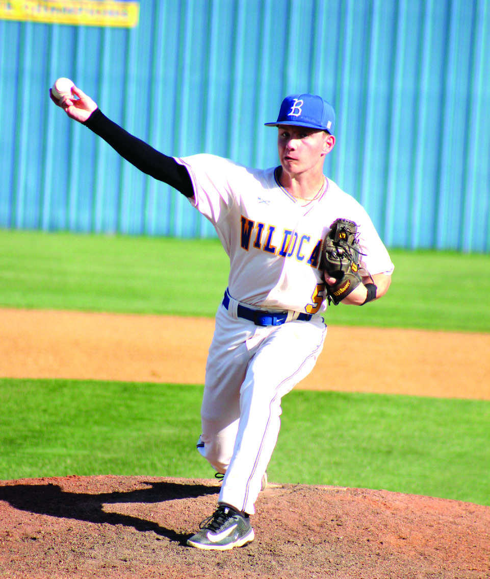 Bethel junior Gavin Lynch launches his pitch in the first home game with North Rock Creek on April 11. During the double header, the Wildcats lost to the Cougars, 0-13, in the first game, and won, 2-1, in the second game. Natasha Dunagan, Countywide &amp; Sun