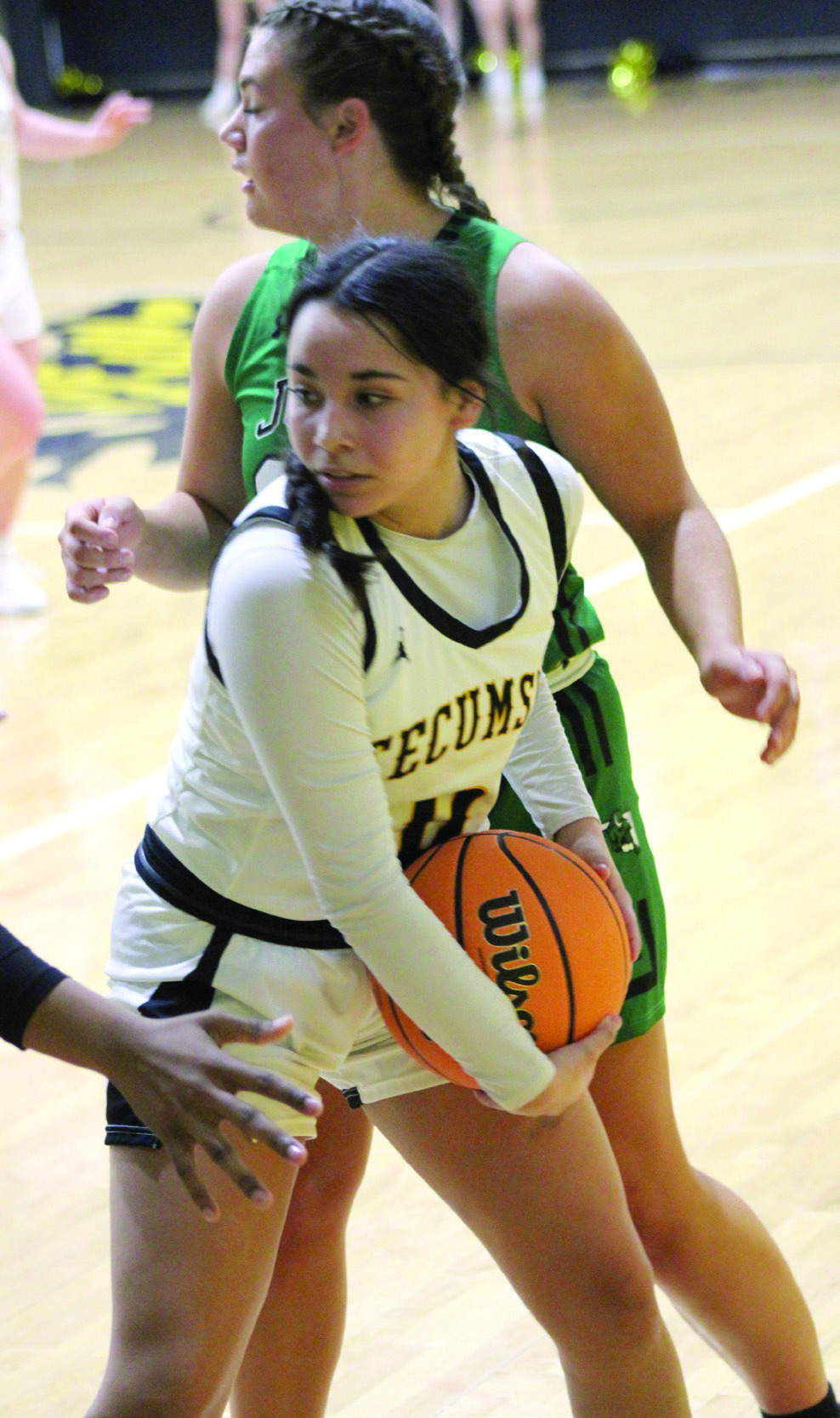 Tecumseh’s Jadyn Wilson guards the ball from a Jones defender during the Jan. 9 home game.