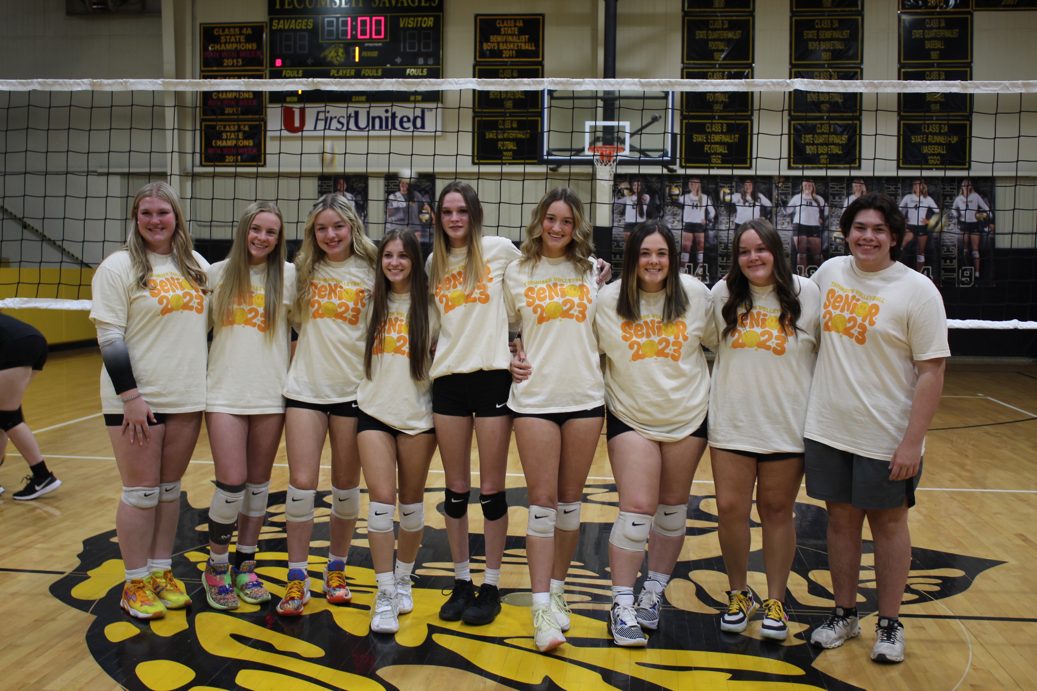 The Tecumseh Volleyball Lady Savages celebrated their seniors on Sept. 29 before their game with NW Classen. They are, from left, Piper Goodson, Koree Thompson, Koree Thompson, Audrey Moles, Scotlynn Wingo, Brooklynn Nixon, Chloe Kelsey, Hannah Seikel, and managers, Jaycee Barham and Brody Miller. Countywide & Sun/Natasha Dunagan
