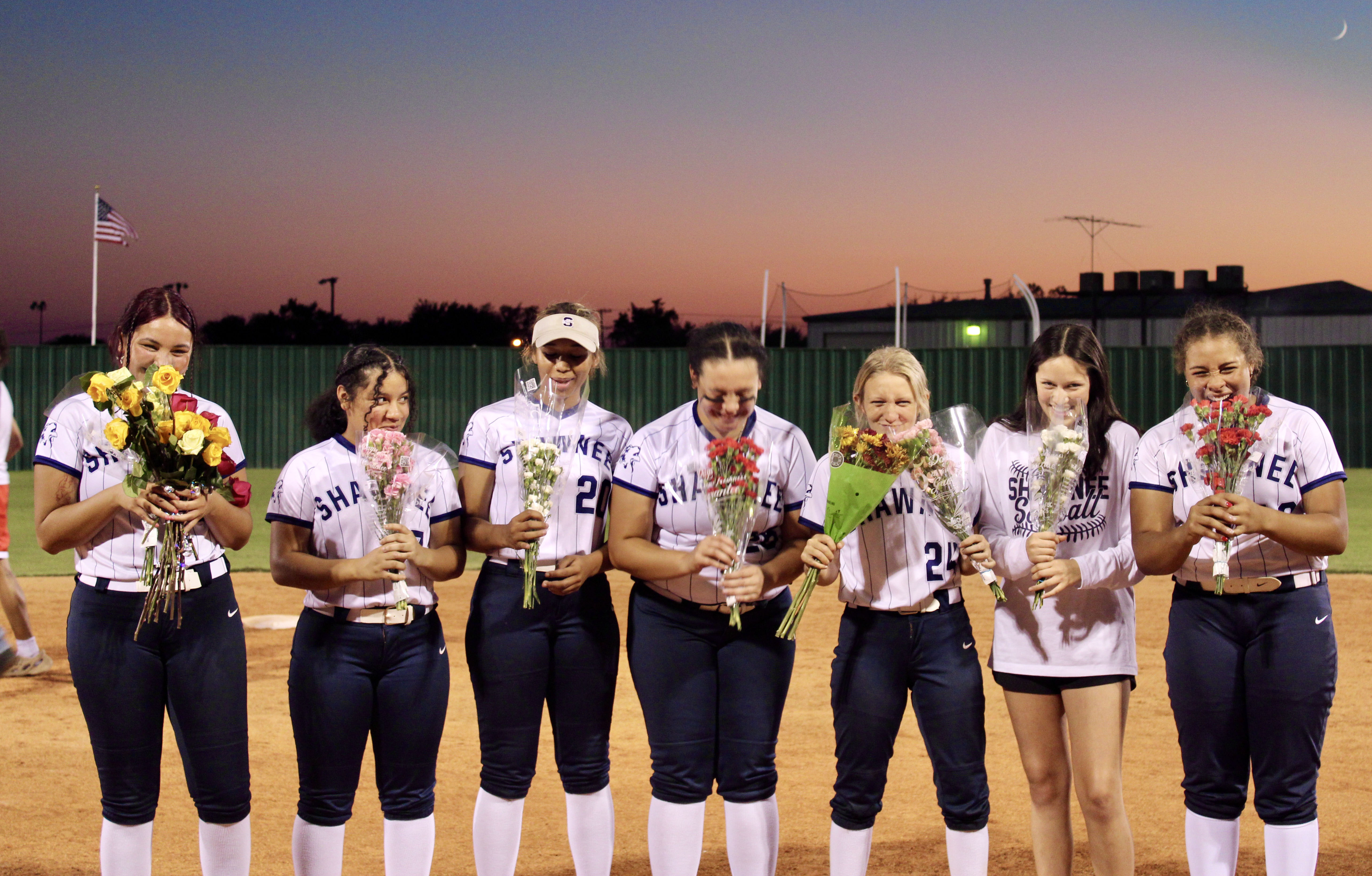 The Shawnee Fastpitch Softball Team celebrated their seniors on Sept. 27. Shown, from left, are Cecelia Gonzales-Gunville, Ki'ya Crowder, Tristyn Napier, Jocelyn Williams, Madison Conley-Smith, Mvkke'vlke'nake Woodward and Anneca Anderson. Photo provided by Harli Hitt.