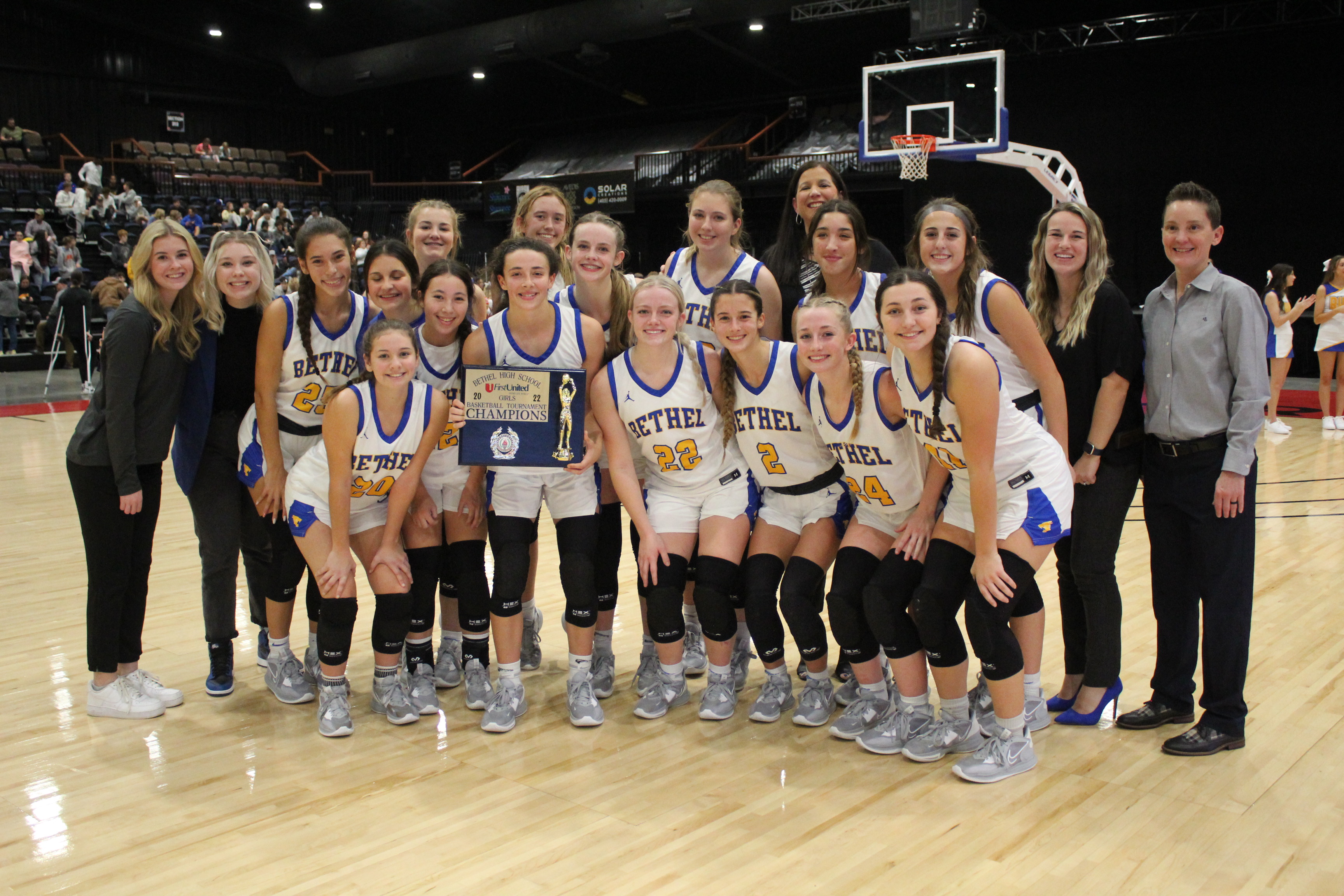 The Bethel Lady Wildcats and their coaches pose with their Bethel First United Basketball Tournament Champion Trophy on Dec. 10 at FireLake Arena. Over the three-day event, the Lady Wildcats won all three of their games, beating U.S. Grant, 63-19, Byng, 56-41, and Tecumseh, 63-33, to take the girls side of the tournament. Countywide & Sun/Natasha Dunagan