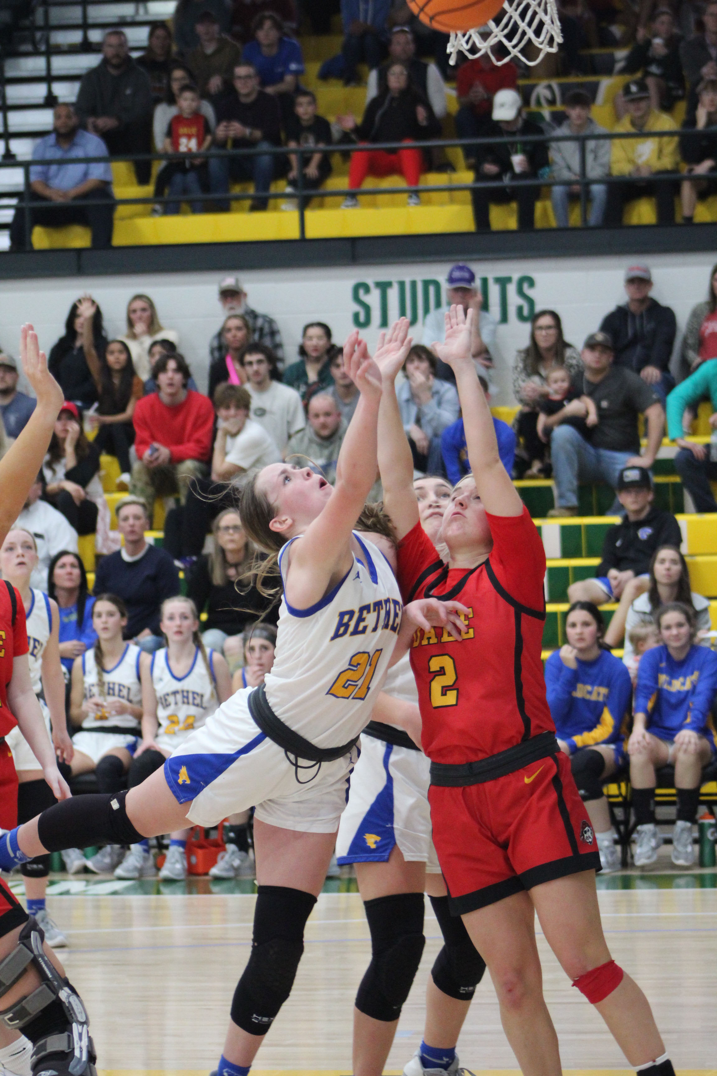 Bethel's Josie Megehee puts up a shot, as Dale's Makenzy Herman defends the basket, during the Bethel home game, held at OBU on Jan. 17. The Dale Lady Pirates won 43-39. Countywide & Sun/Natasha Dunagan