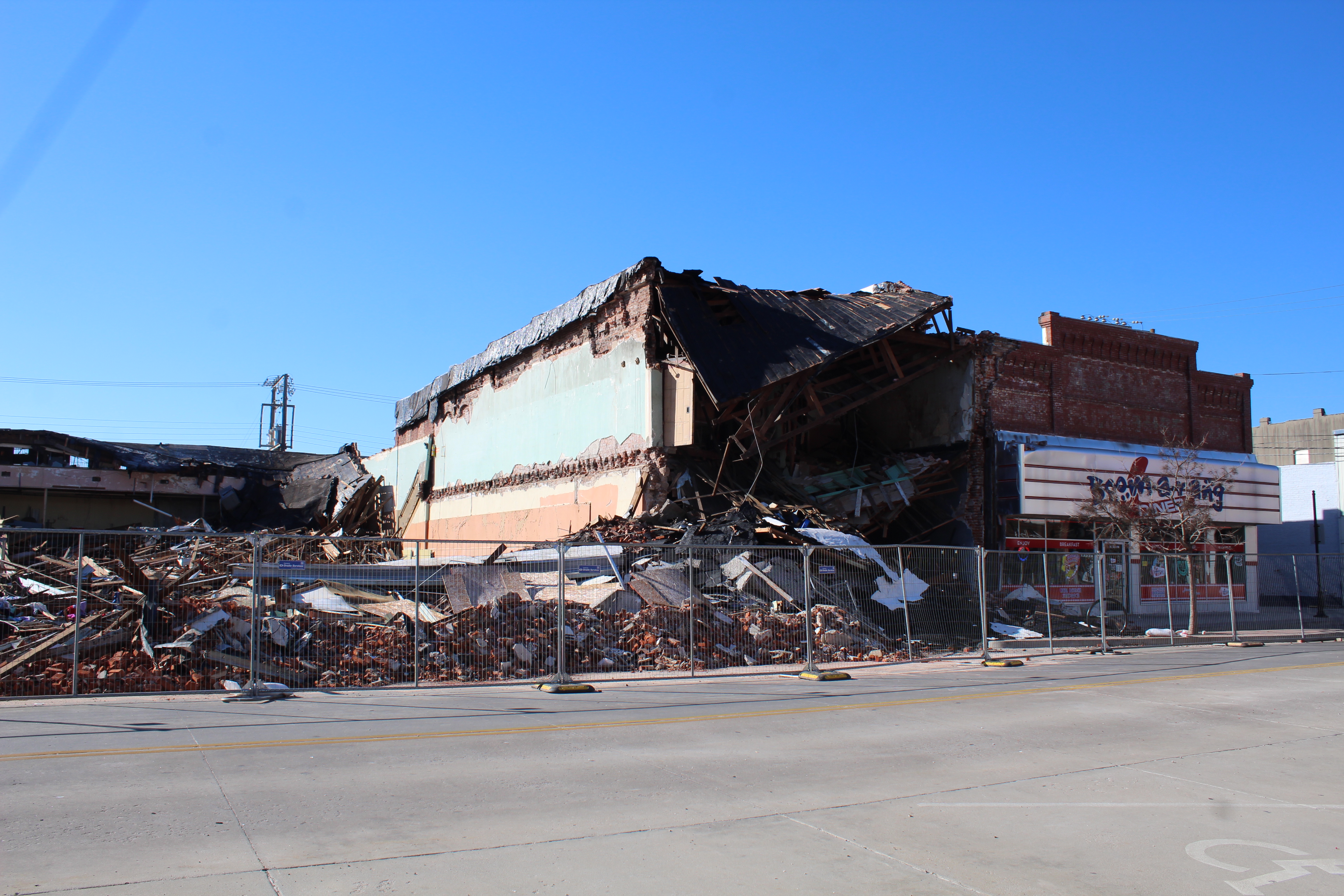 The former Gibson's Discount Center at 1 W. Main in Shawnee was demolished on Jan. 24, resulting in the Past to Present Marketplace accidentally collapsing and damage to the Boomarang Diner, shown here on Feb. 11. Shawnee City Manager, Andrea Weckmueller-Behringer, responded to questions about the incident this week. Countywide & Sun/Natasha Dunagan