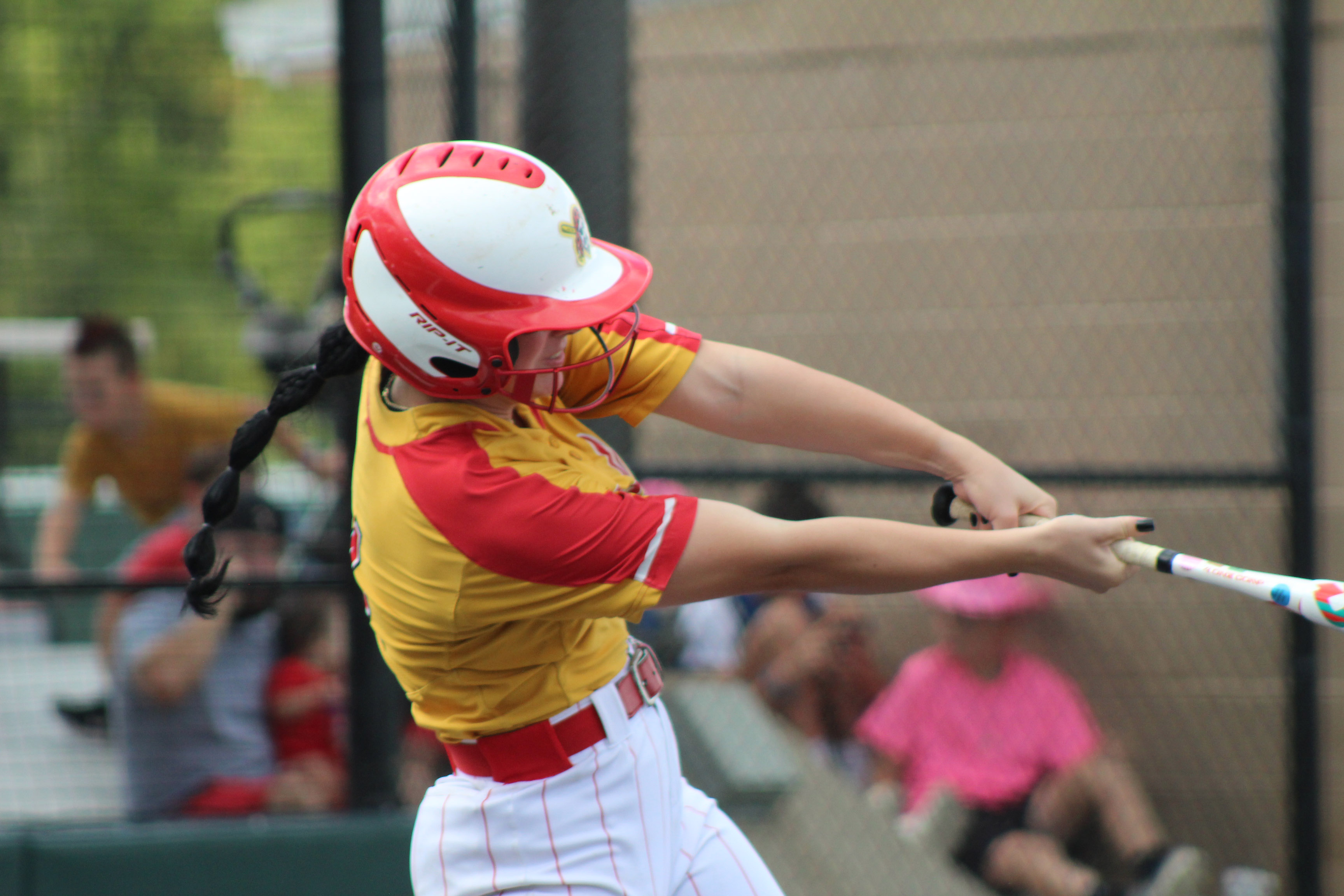 Dale's Karsen Griggs hits a single in the third inning of the Class 2A State Fastpitch Softball Quarterfinals on Oct. 5, held at FireLake Ball Fields. The Lady Pirates beat Wyandotte, 5-2. Countywide & Sun/Natasha Dunagan