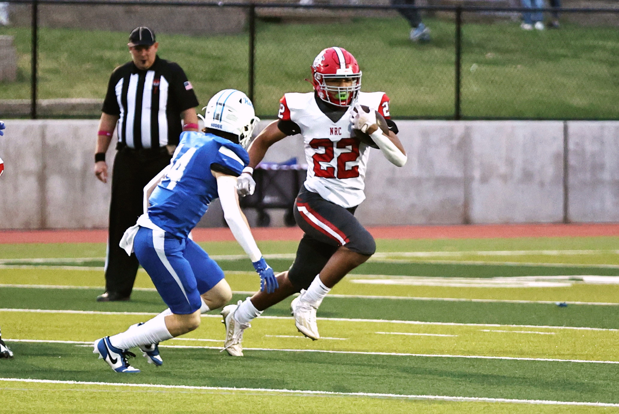 North Rock Creek's Caleb Hawkins on his way to one of his five touchdowns in the win against Mount St. Mary's. Photo courtesy of Gowin Photography
