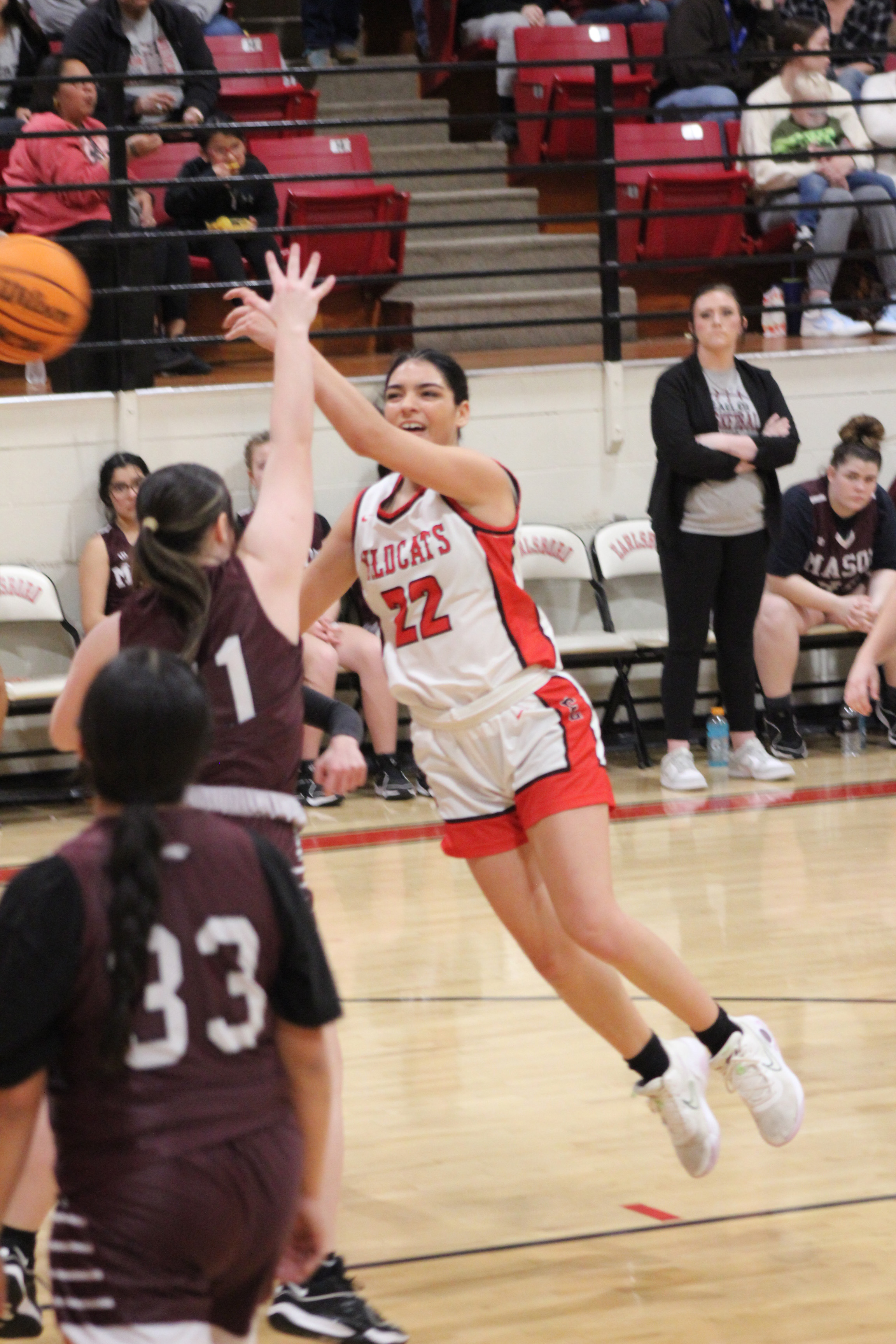 Earlsboro senior Jayleen Castaneda tries for the basket and is fouled during the Senior Night home game with Mason, Feb. 3. The Lady Wildcats won, 49-24. Their District 8 game will be today in Cement at 6:30 pm. Countywide & Sun/Natasha Dunagan
