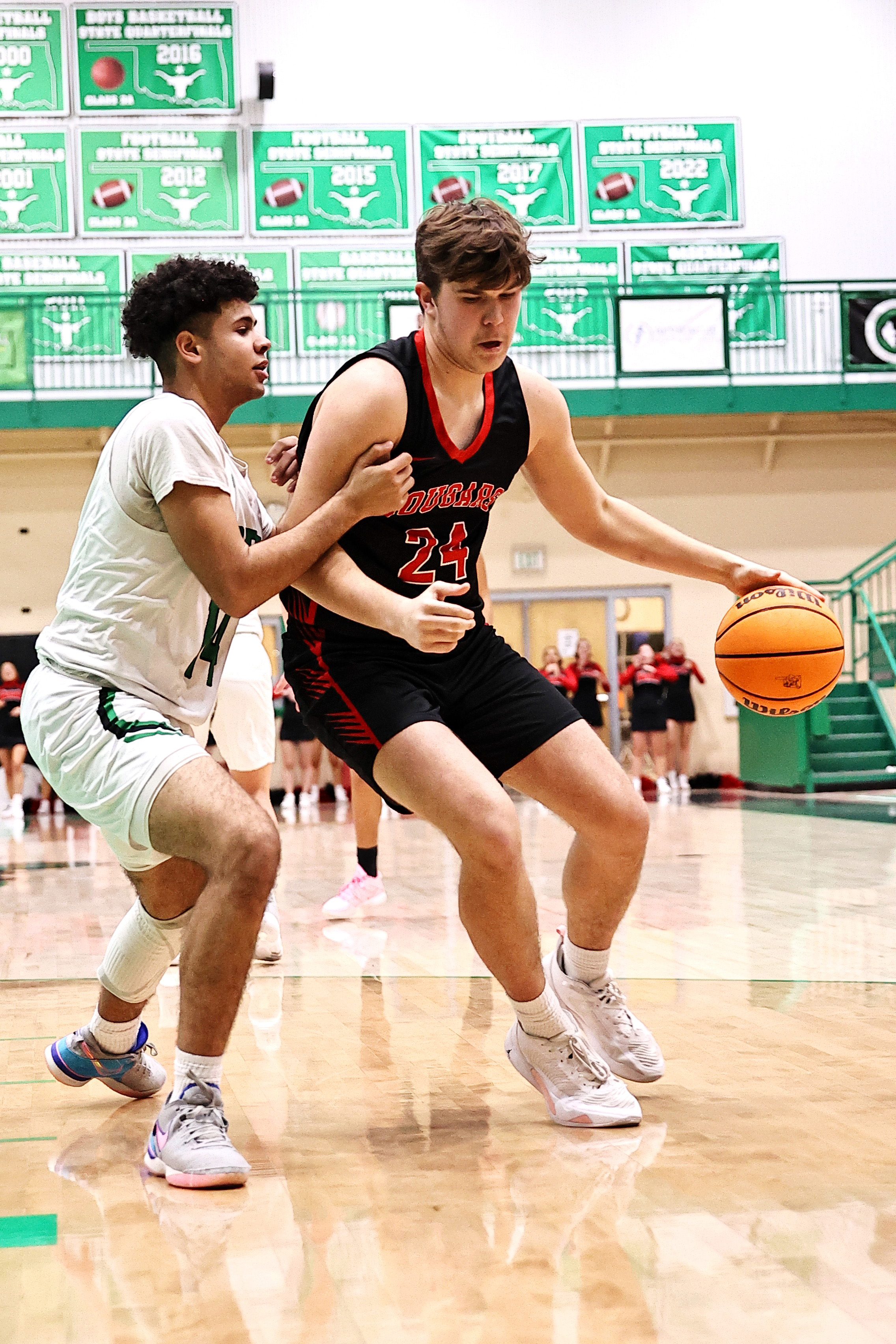 North Rock Creek's Jace Plumb goes to the bucket. The Cougars came up short against the Longhorns Tuesday night.  The boys lost 55-59.  They will take on Bishop McGuiness Thursday night. They will host Bristow in District on Feb. 17. Photo courtesy of Gowin Photography  