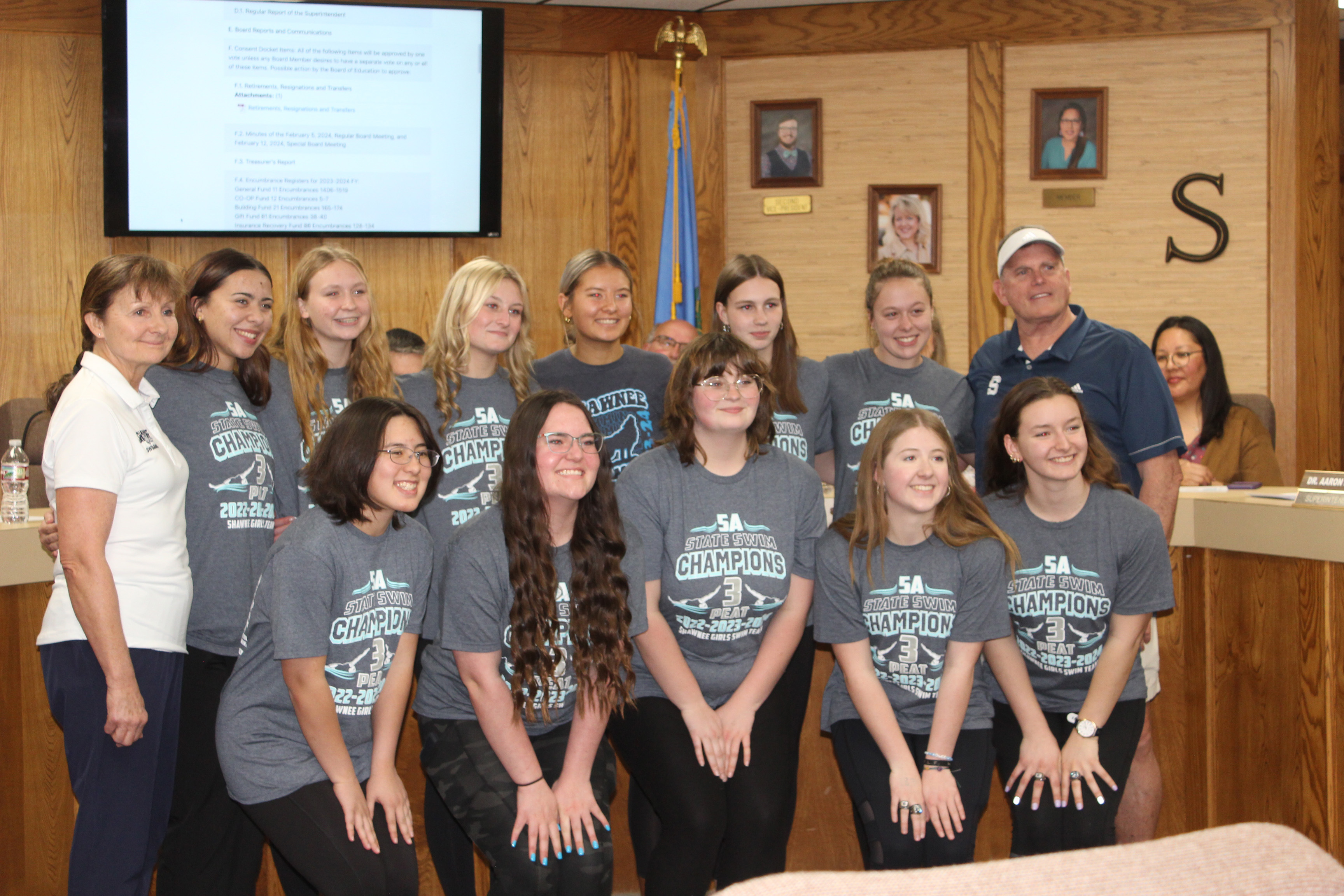 The Shawnee High School Girls Swim Team was recognized during the Shawnee Public Schools Board of Education March 4 meeting for winning at the State Championship Swim Meet for the third year in a row, even without the YMCA pool for practice this year. 