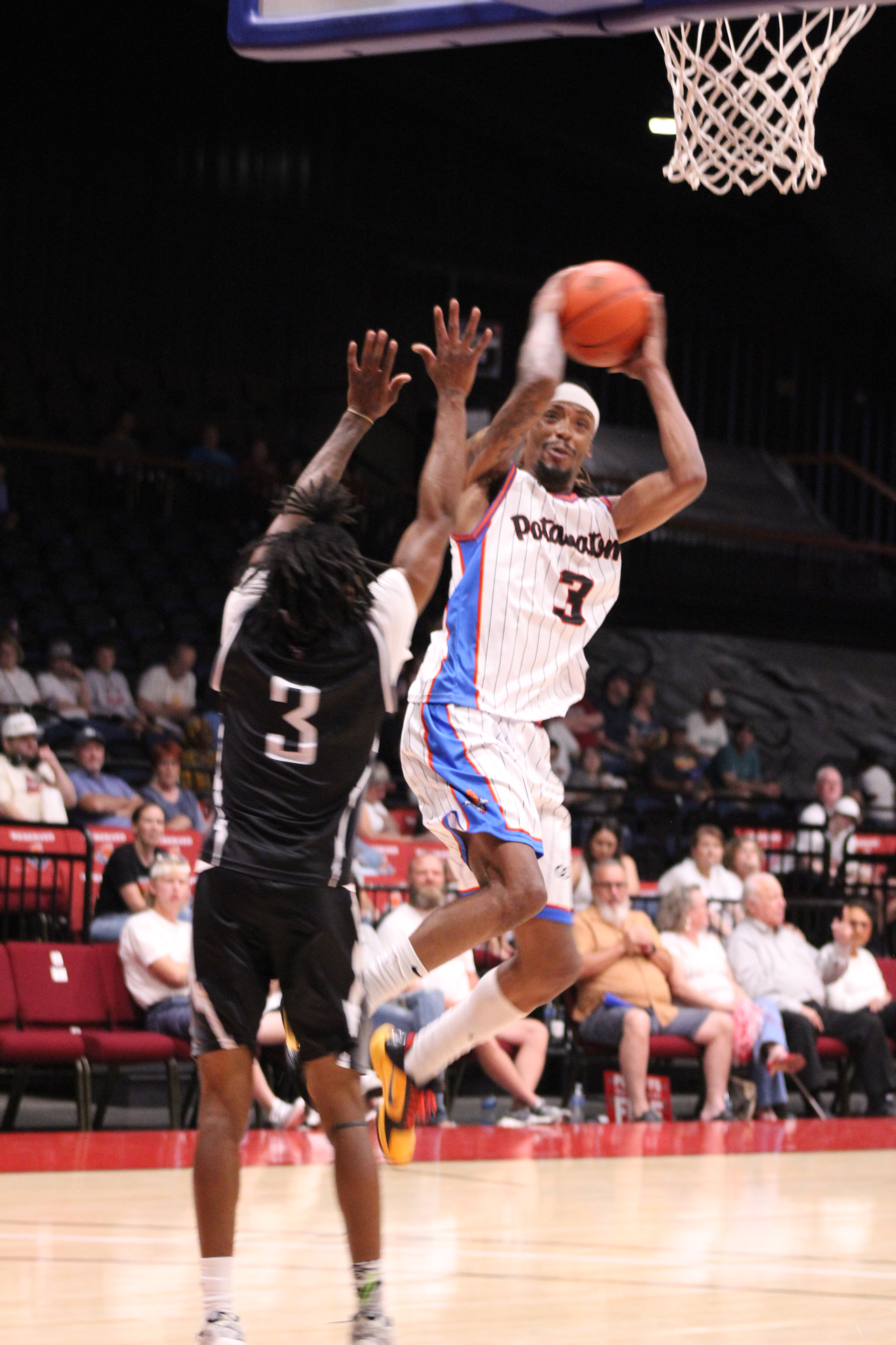Potawatomi Fire Forward Ricky Artis II makes a jump shot in the second game of the Central Conference Semifinals against the Wichita Skykings, June 1 at FireLake Arena. Artis "tied the Fire record for most field goals without a miss (8-8)," according to potawatomifire.com. The Fire continues their winning streak of 20 games in the regular season and both games in the Semifinals. They will play in the Finals, possibly beginning today (June 6). Countywide & Sun/Natasha Dunagan