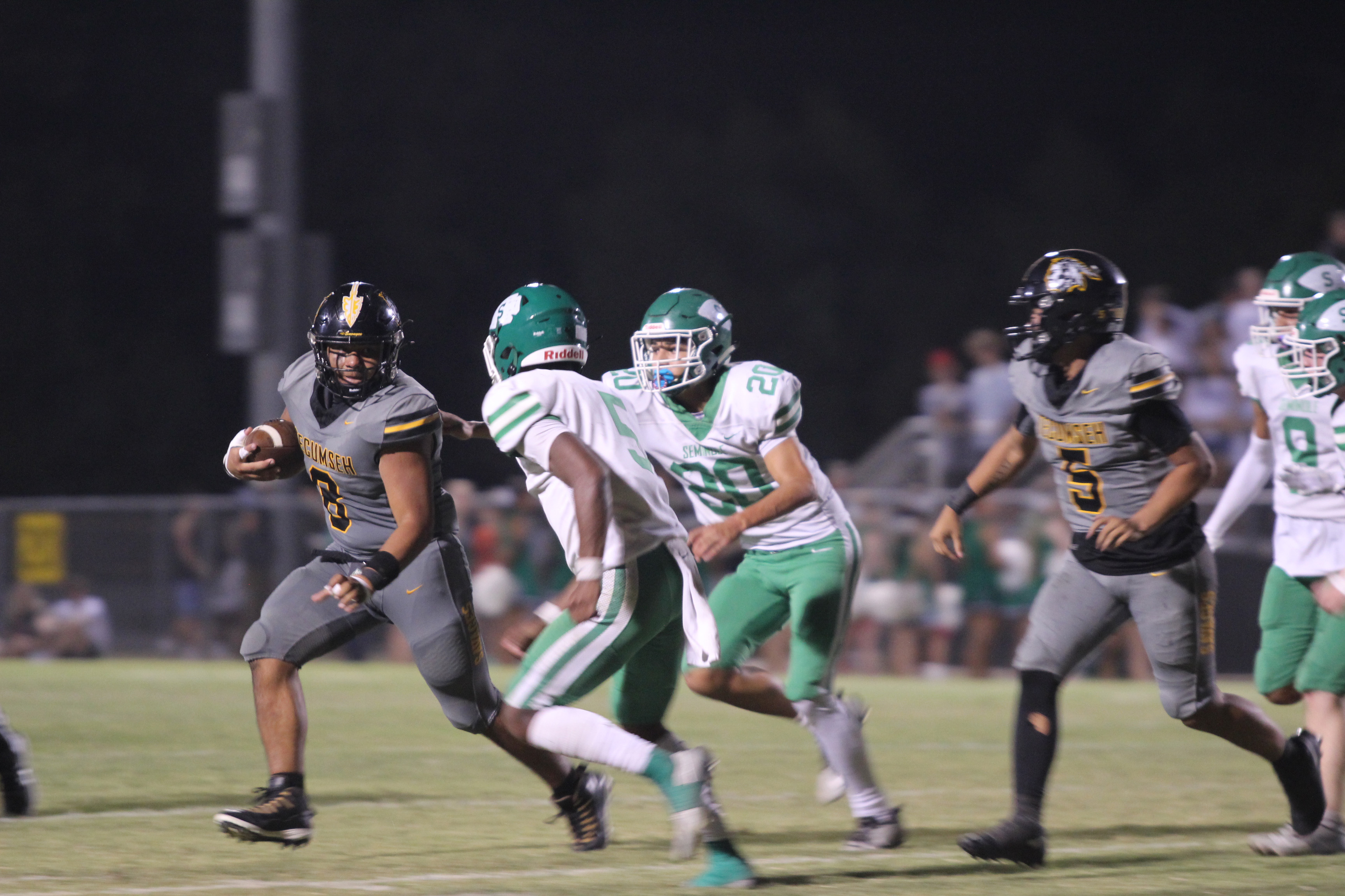 Tecumseh senior Kadyn Prado dodges the Seminole defense during the first Savage home game on Sept. 13. After a 48-0 win at Classen SAS at NE (5A) last week, Tecumseh (4A) lost to Seminole (3A), 8-24 this week. Countywide & Sun/Natasha Dunagan