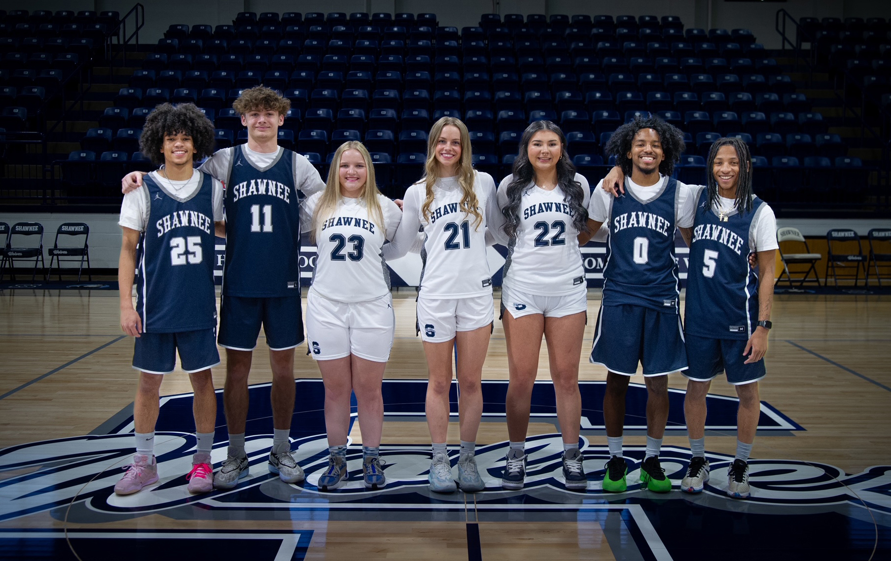 Shawnee High School Senior Basketball Players will take to the home court one last time on Friday, Feb. 14th.  (JV games were cancelled) Ladies play at 5:30.  Senior Night recognition follows between games. The Wolves are scheduled to tip off at 7:30. From left: Isaiah Smith, Carter Whipkey, Allyson McAlister, Josie Megehee, Serenity Casteel, Daytain Patton and Deetrick Beavers.  Photo Provided.