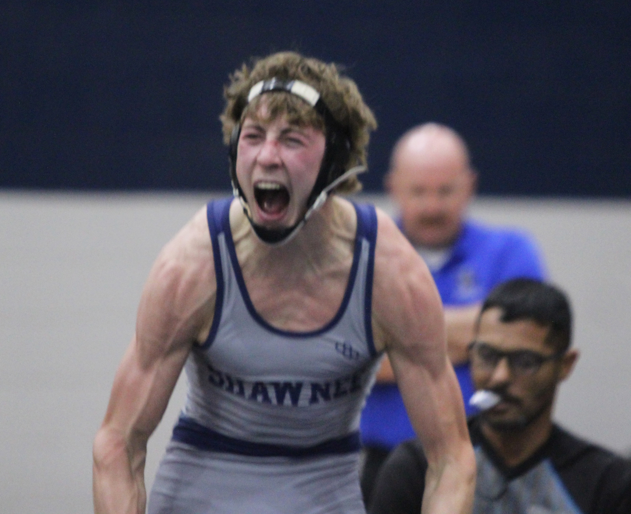 Shawnee's Stetson Tucker yells his excitement after winning his match in the 132 weight class during the Shawnee High School Boys Dual against Newcastle on Dec. 2. Shawnee won the meet, 46-36. Natasha Dunagan, Countywide & Sun