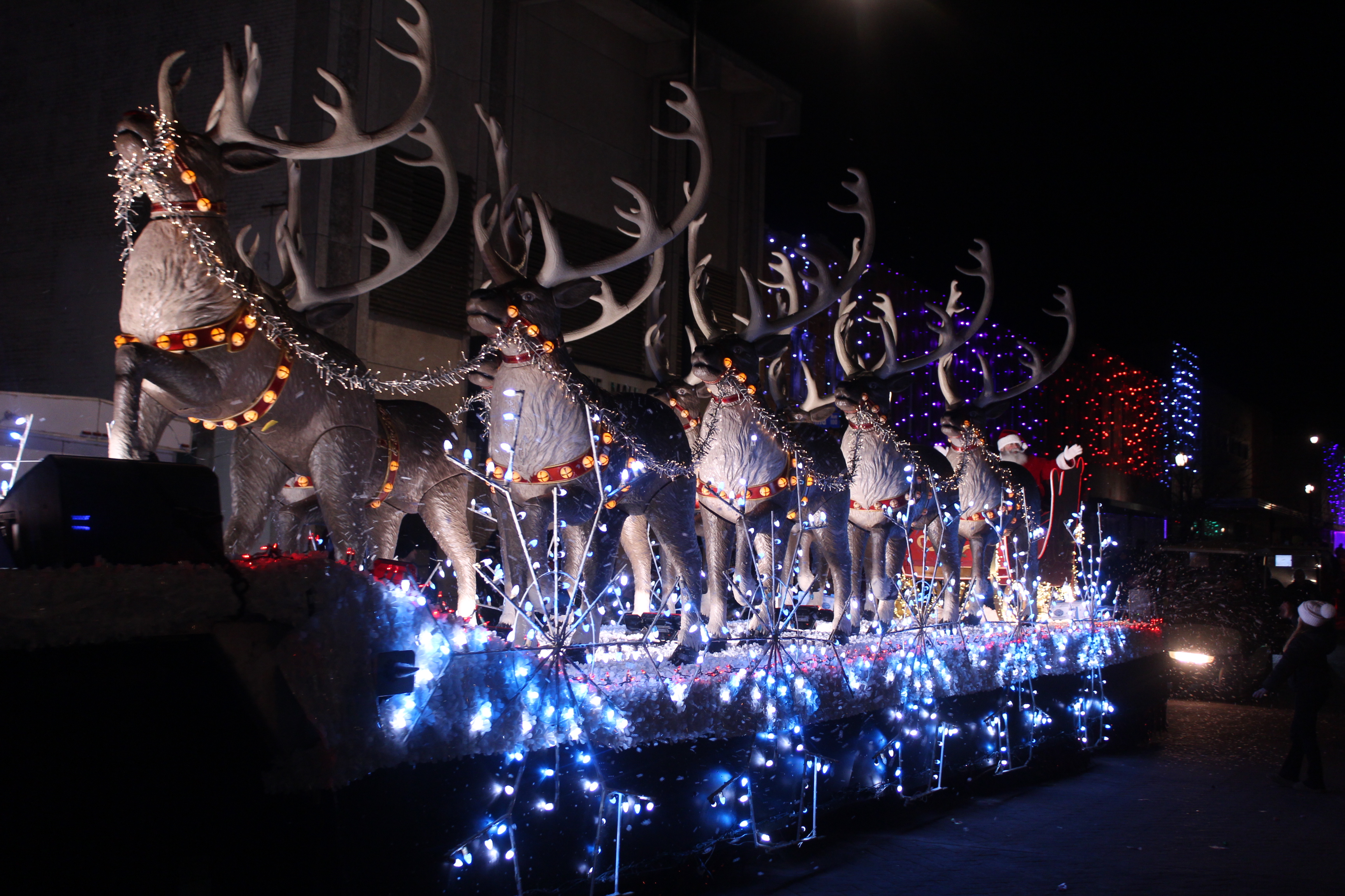 Santa Claus rides in his sleigh pulled by nine beautiful reindeer in the Shawnee Parade of Lights on Dec. 12. Santa and fireworks rounded out the two-hour parade with 117 entries.