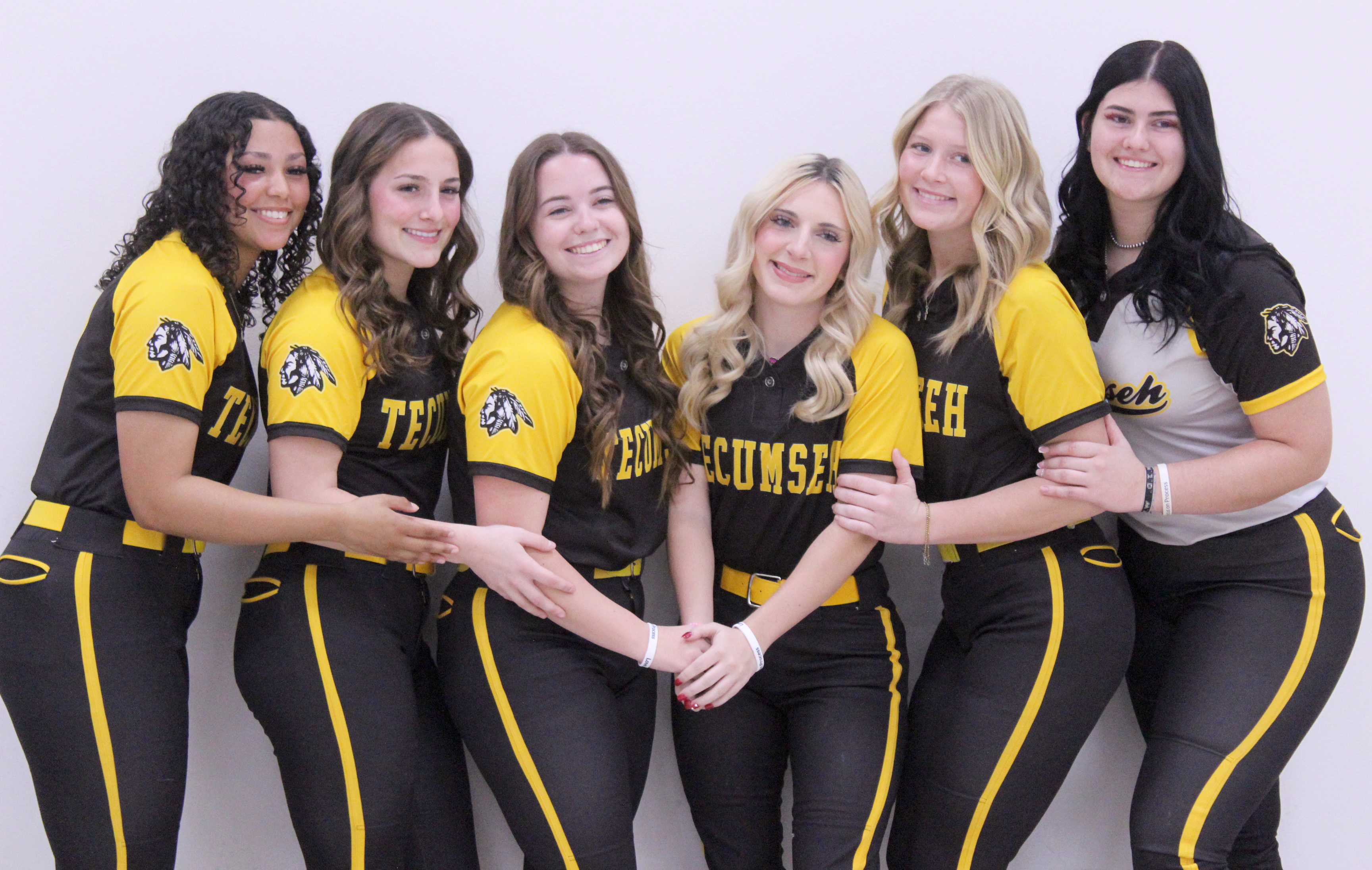 Seniors on the Tecumseh High School Slow Pitch Softball Team pose during their first Media Day on Feb. 7. Shown, from left, are Kabrei Simpson, Cadence Leba, Maggie Wilson, Blakelee Parker, Steeli Michell and Tylee Brock. The Lady Savages will have their first home game against Seminole on March 9.