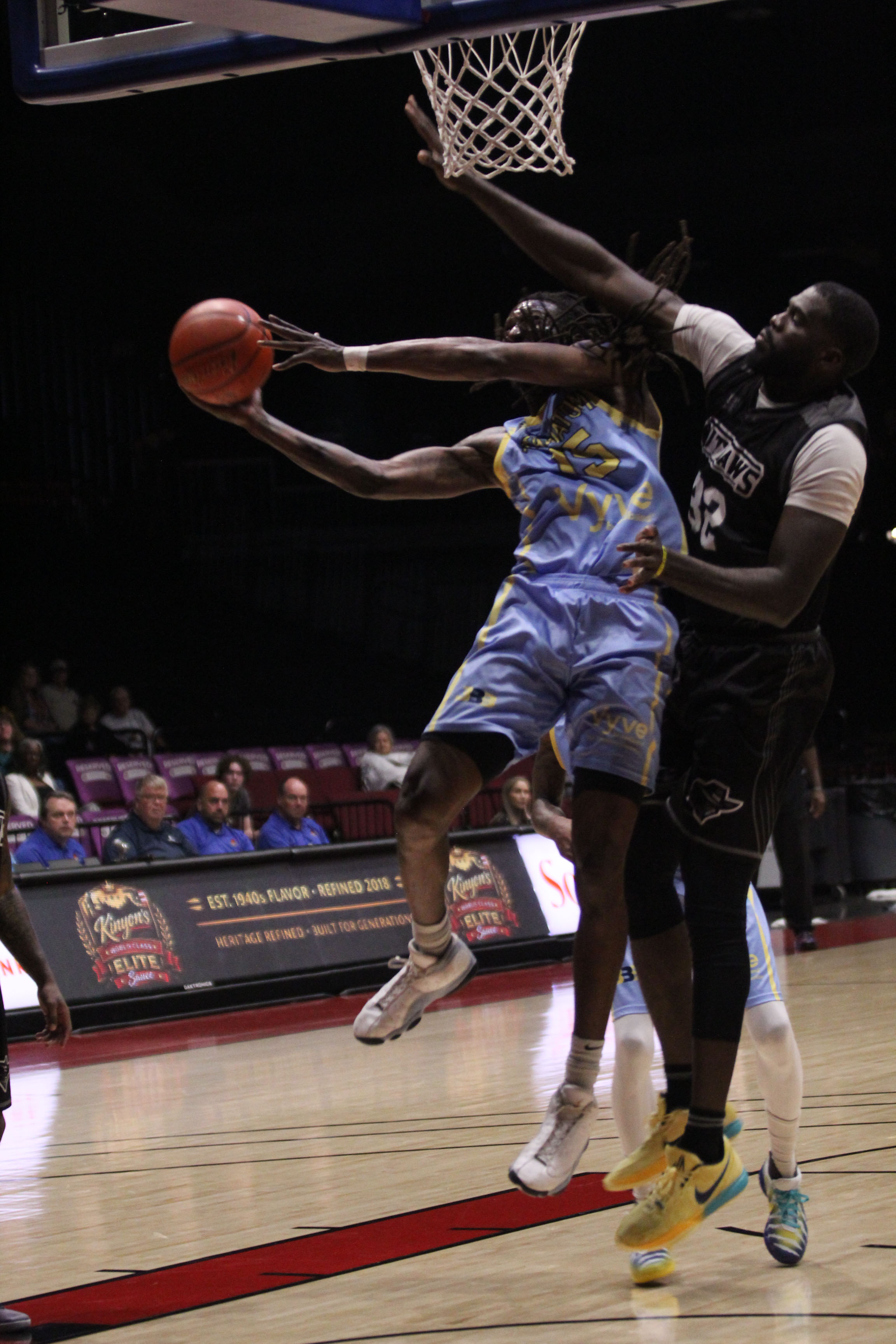 Potawatomi Fire Forward Jay Hedgeman goes to the hoop and is fouled in the third quarter of the May 14 home game against the Enid Outlaws. Hedgeman made 22 points and 11 rebounds for his second double-double this season. See full cutline below.