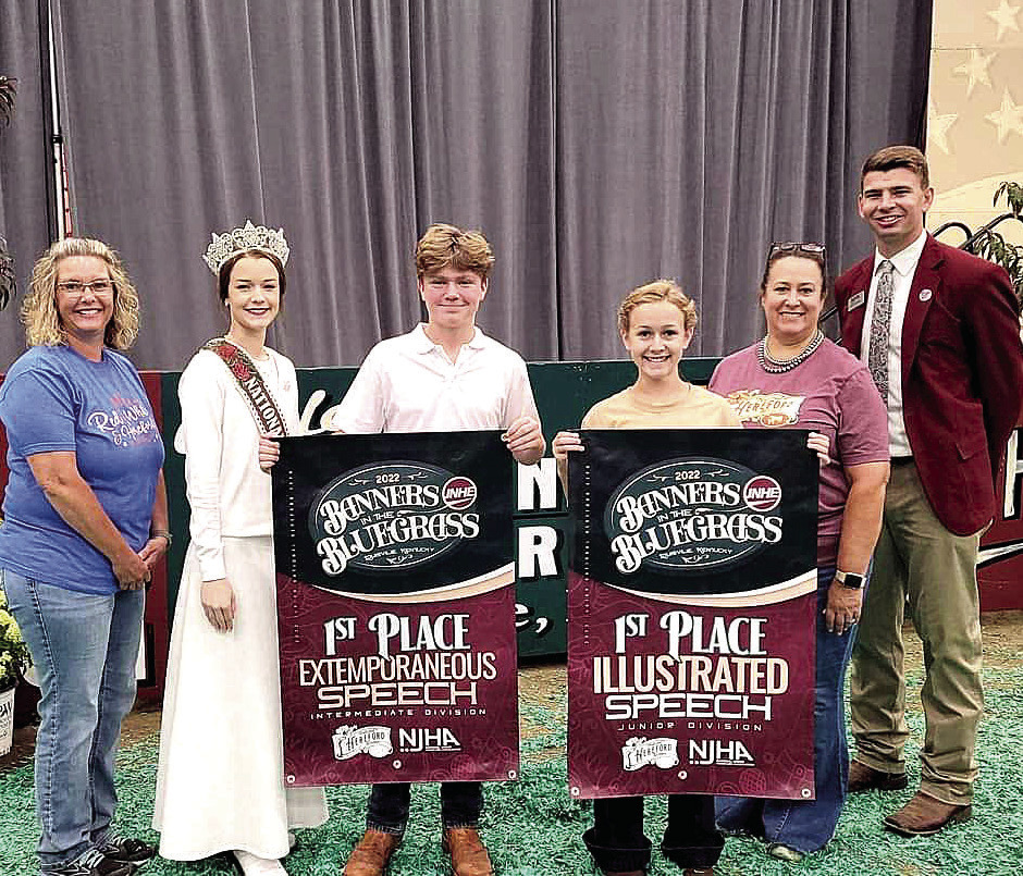 Taylor Marrs, of Tecumseh, third from left, poses during the Junior National Hereford Expo, held in Louisville, KY, July 16-22. Marrs won first place in the Intermediate Division of the Extemporaneous Speech contest. Photo provided.