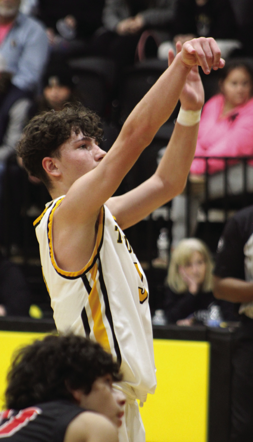 Tecumseh’s Jason Baldwin shoots two free throws during the last couple minutes of the home game with North Rock Creek on Jan. 3. The Savages lost, 52-80, and the Lady Savages won their game, 52-49. Countywide &amp; Sun/Natasha Dunagan