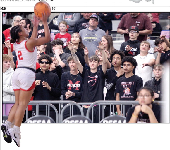 The Lady Redskins made their first appearance in the State Basketball Tournament in school history, cheered on by the McLoud Student Section. McLoud junior Claire Mapira sinks her shot during the Class 4A State Quarterfinal game against Harrah, at the OG&E Coliseum in OKC on March 10. The Lady Redskins won, 44-30, and advance to the Semifinals today (March 12) at 6 pm in Yukon. Look under "Sports" to find more photos, or click on the camera banner to see them all. Photos by Natasha Dunagan, Countywide & Sun