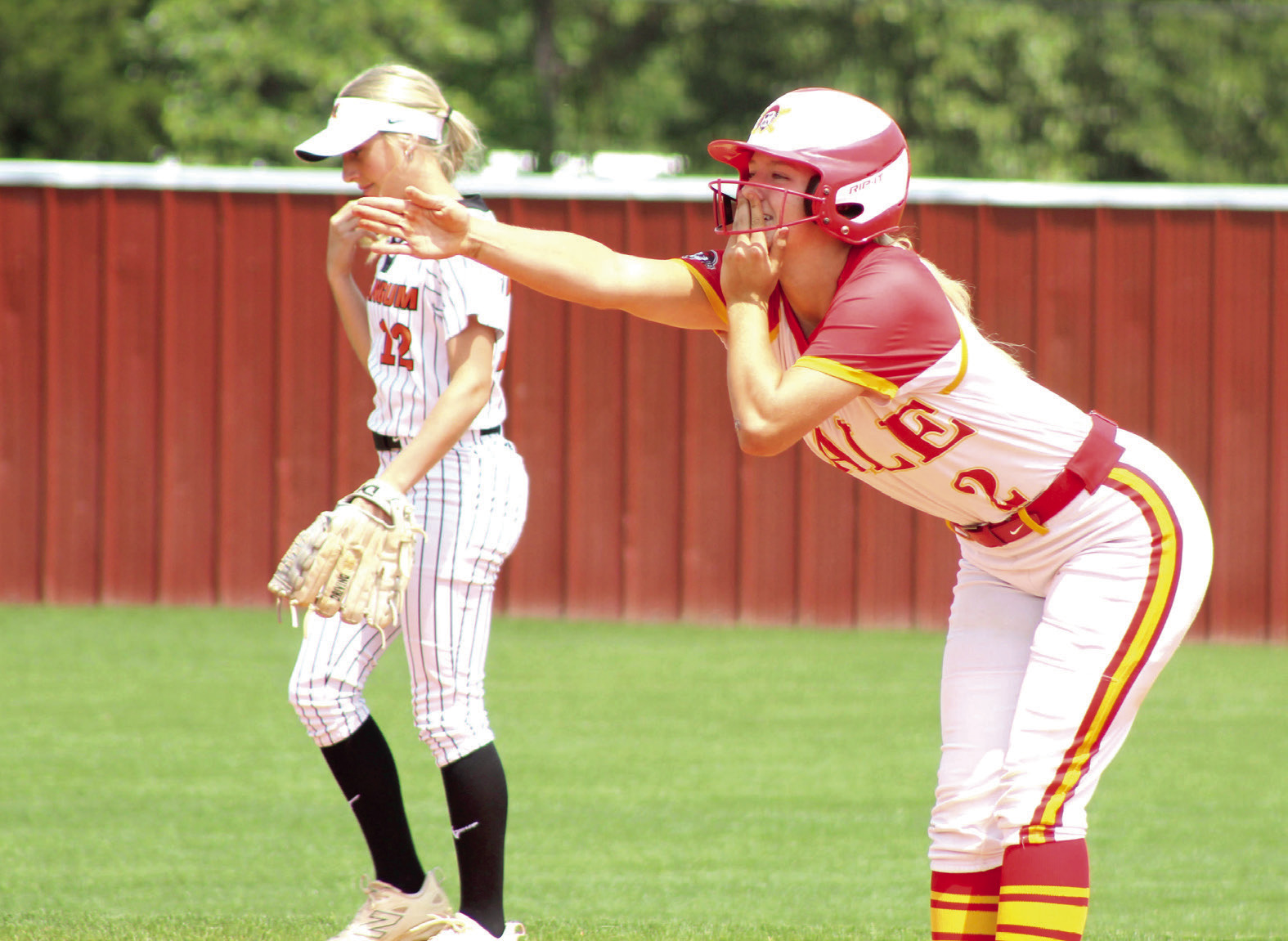 Dale junior Kinley Patten celebrates with her team after hitting a double in the Class 4A Regional Slow Pitch Tournament game against Mangum, held at McLoud on April 28. The Lady Pirates won that game, 16-0, and against Panama, 15-9. They played in the State Tournament on May 5 at FireLake Ball Fields and took home the gold. Photos and story available next week. Photos by Natasha Dunagan, Countywide & Sun