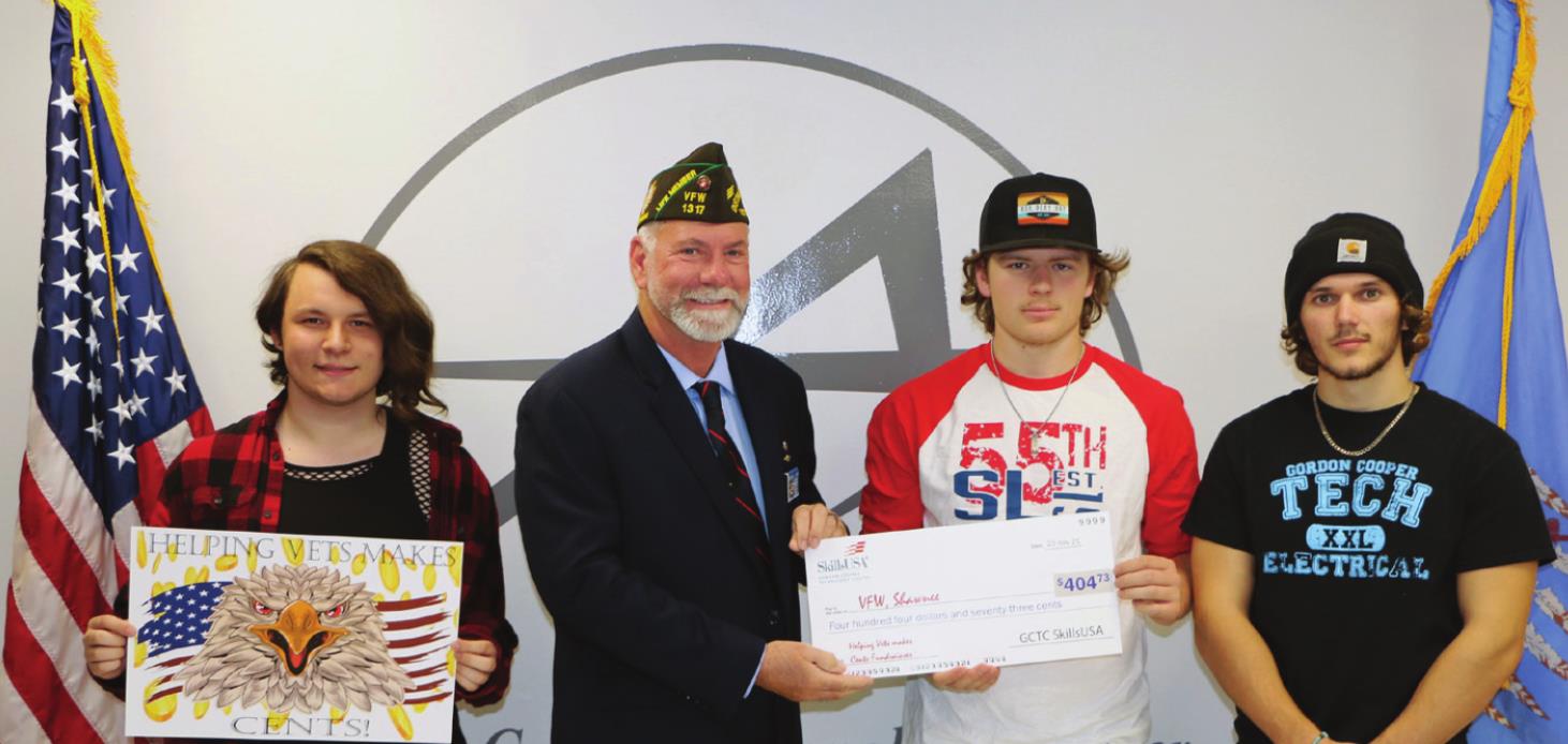 SkillsUSA students at Gordon Cooper Technology Center collected 8,615 pennies and raised $404.73 to help local veterans with their “Helping Vets Makes Cents” coin drive. Pictured from left are Graphic Design student Sheldin Mills, Shawnee HS, holding the design created by Alexandria Flatt, Bethel HS; Patrick Koch, VFW Post 1317/Jr. Vice Commander, Shawnee; Kaden Johnson, Electrical Trades and Meeker HS; Brett Mingo, Electrical Trades and Meeker HS.