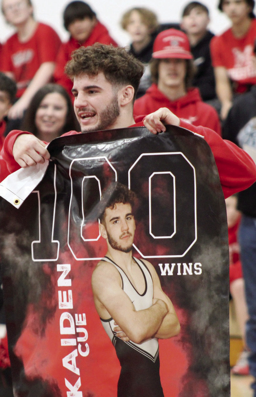 McLoud senior Kaiden Cue had his 100th high school wrestling career win on Jan. 11 at the Tecumseh Dual Meet. Photo provided.