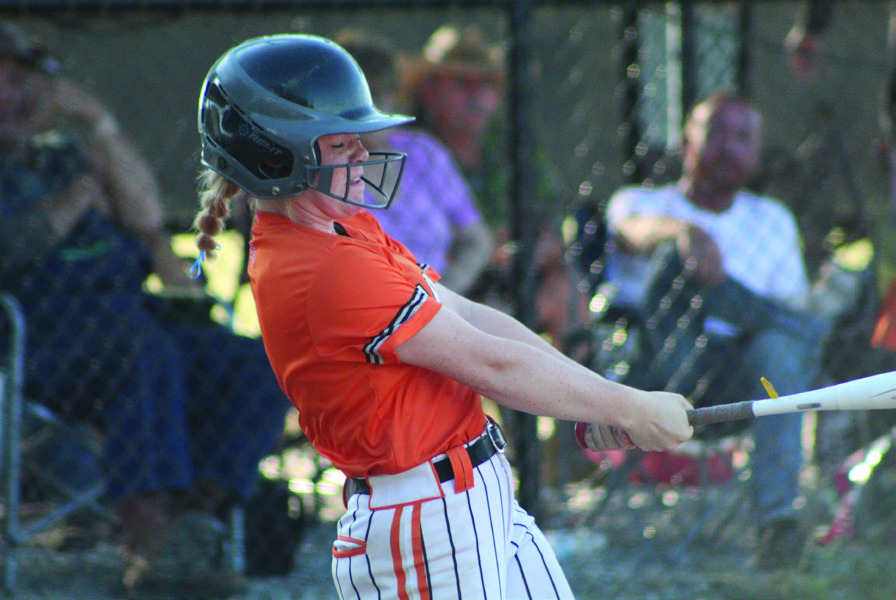 Maud’s Makalee Harrell hits a home run in the second inning of the home game with Vanoss, Aug. 28. The Lady Tigers lost, 1112, making their record 9-7. Countywide & Sun/Natasha Dunagan