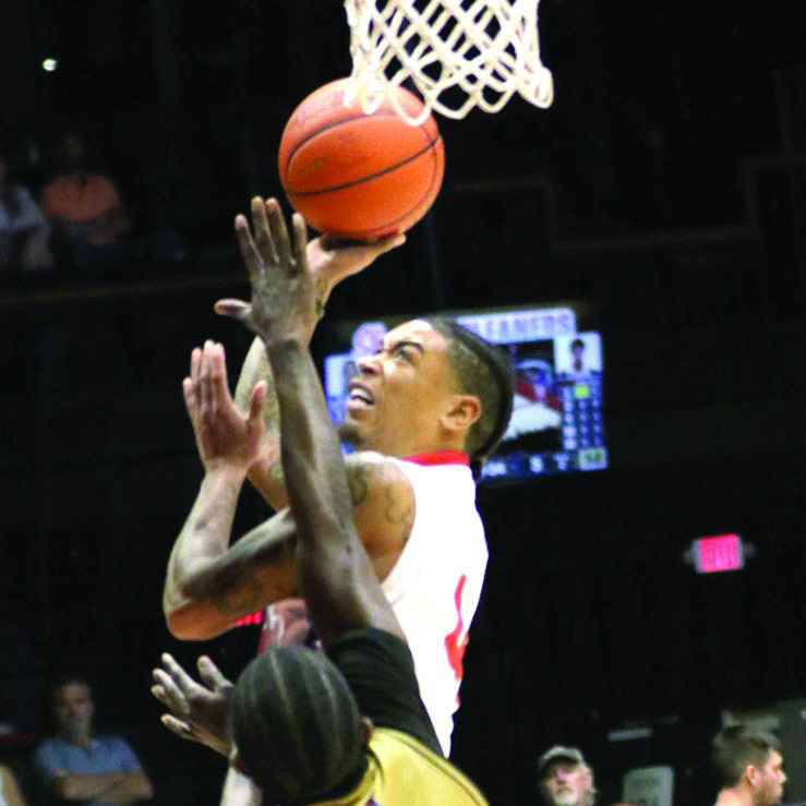 Potawatomi Fire Guard Chuck Guy goes up for a basket in the home game against the Muskogee Sky Kings on April 24. Guy sank a season-high 42 points, 11 rebounds and 17 assists for his second triple double, according to potawatomifire.com. The Fire won with their highest final score ever, 165-110.